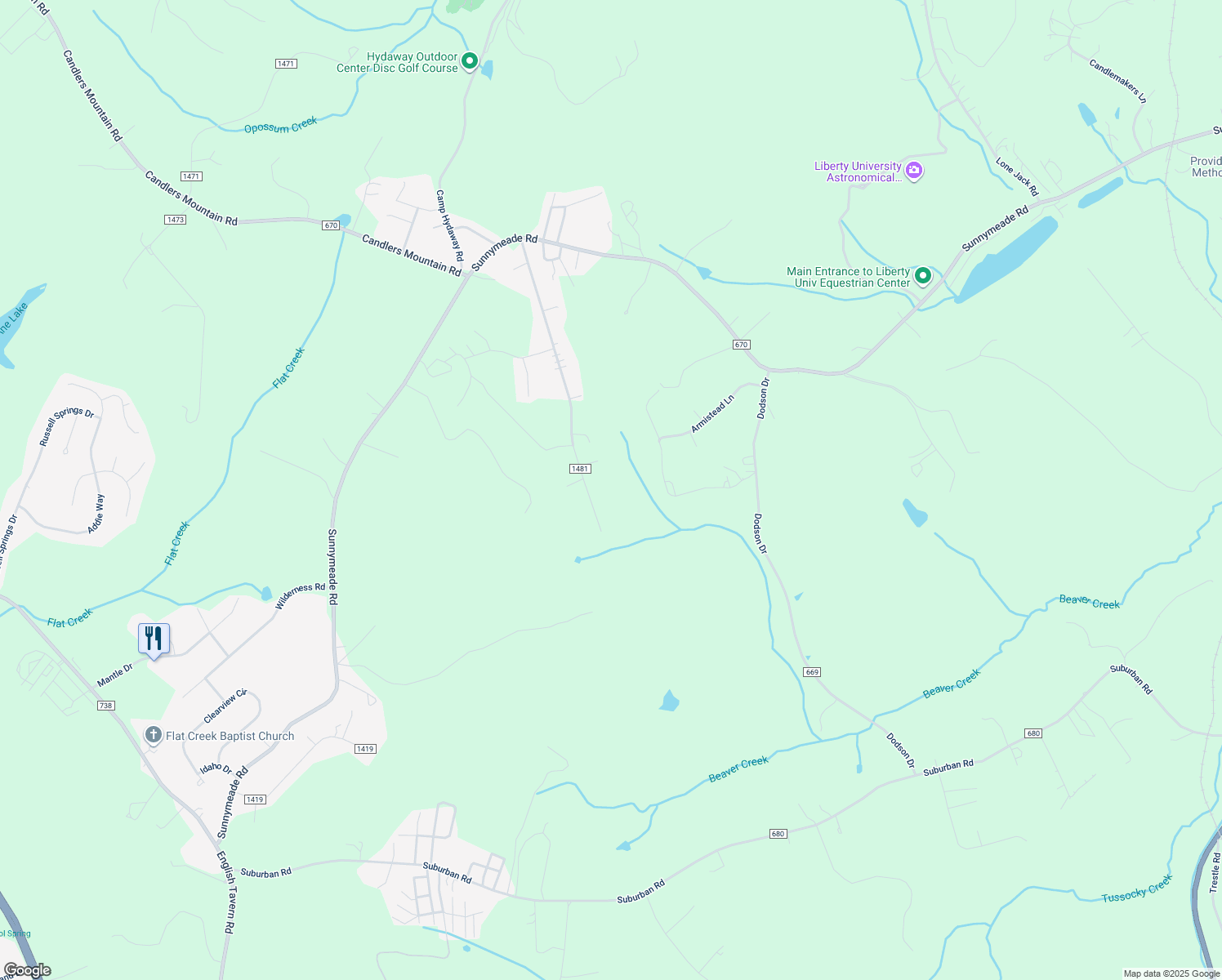 map of restaurants, bars, coffee shops, grocery stores, and more near 766 Knoll Woods Drive in Rustburg