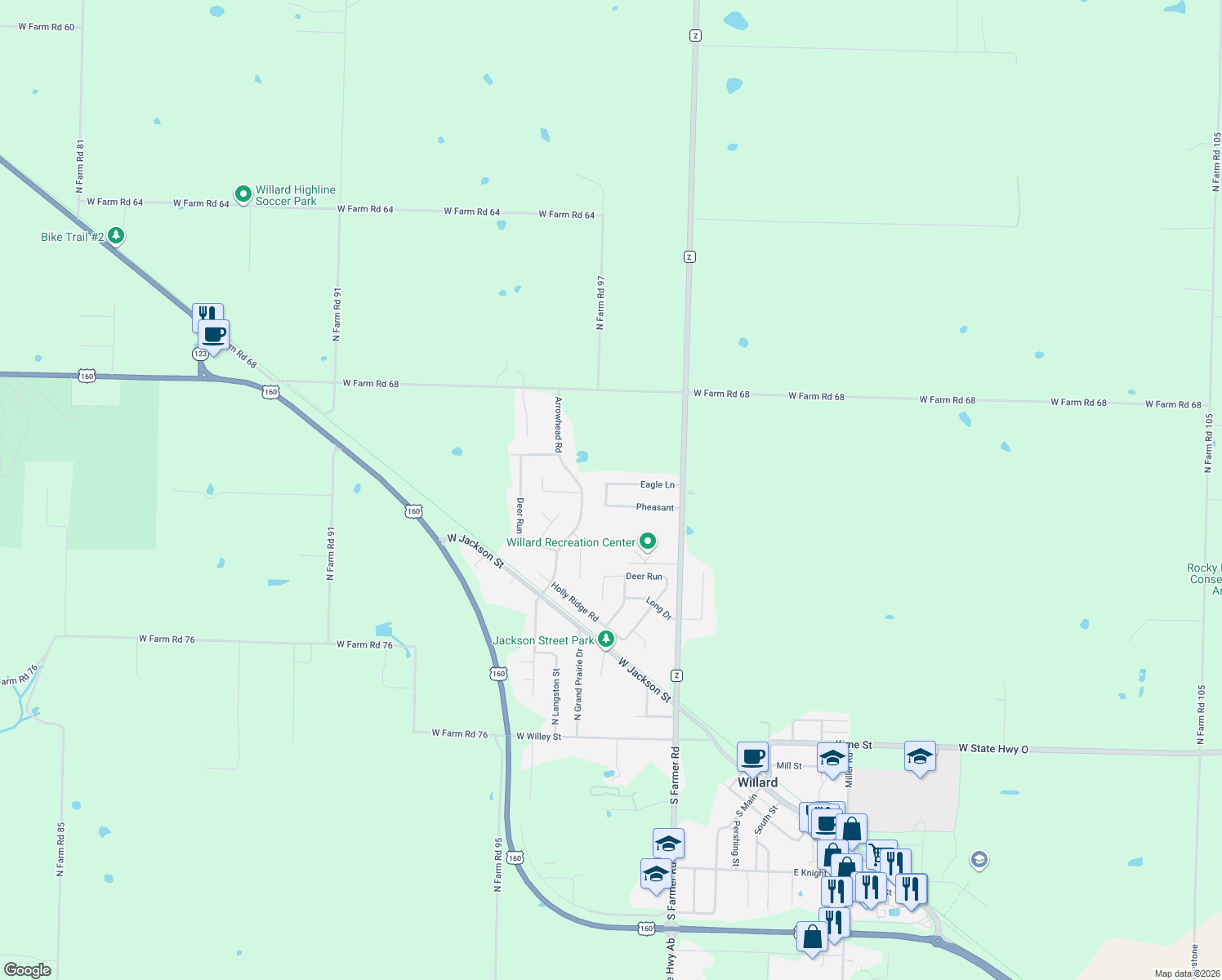 map of restaurants, bars, coffee shops, grocery stores, and more near 220 Wren Rd in Willard
