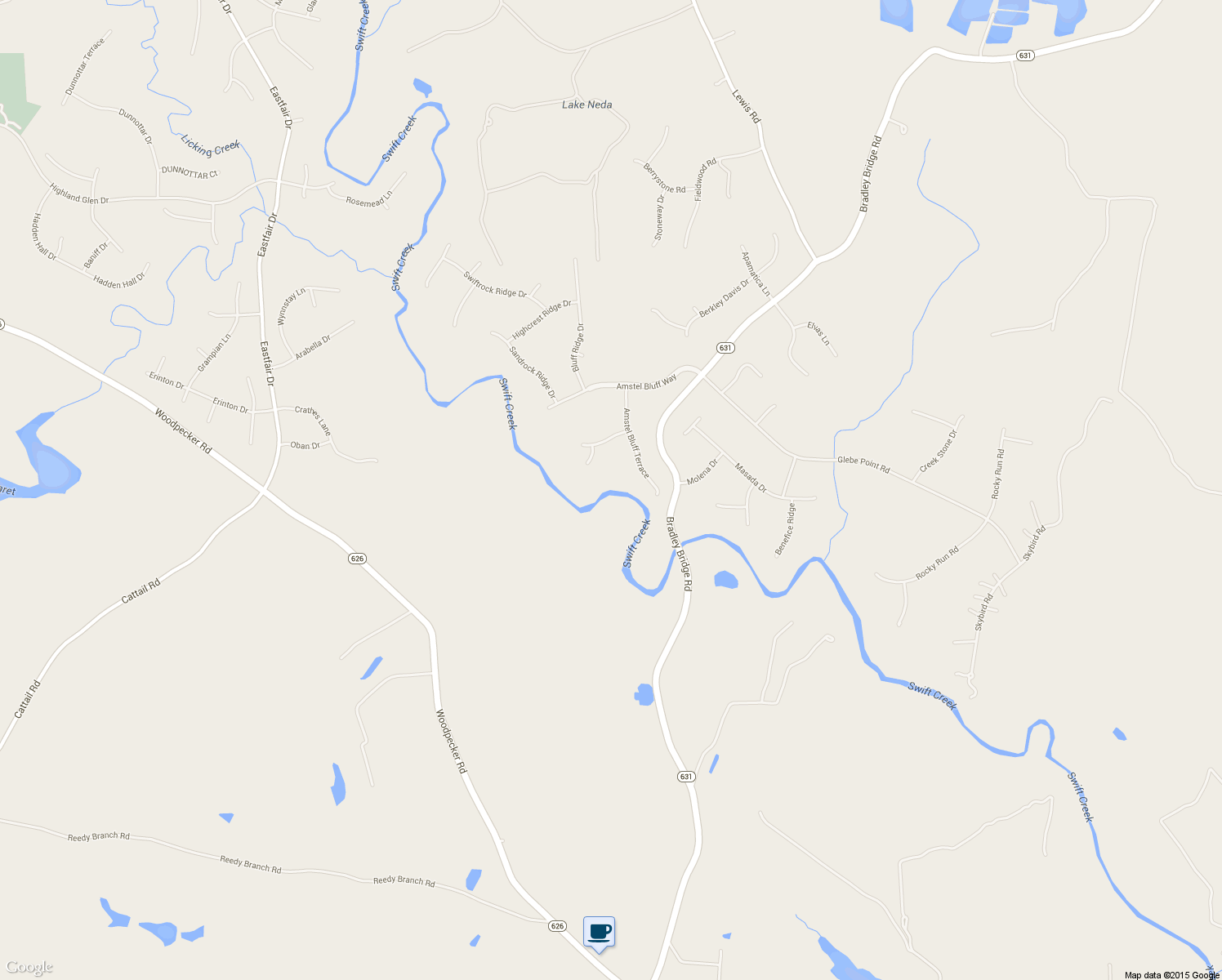 map of restaurants, bars, coffee shops, grocery stores, and more near 14206 Amstel Bluff Terrace in Chesterfield