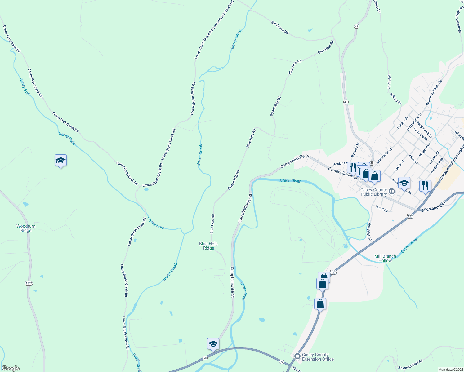 map of restaurants, bars, coffee shops, grocery stores, and more near 2235 Bryant Ridge Road in Liberty