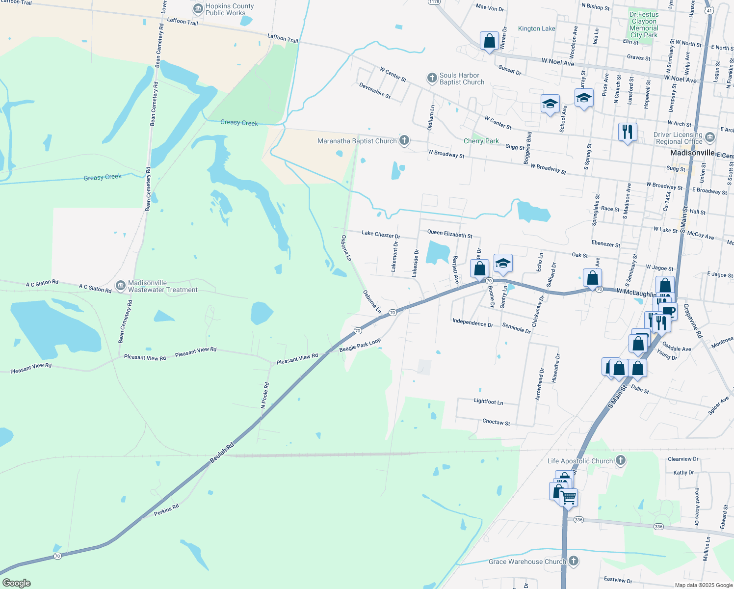 map of restaurants, bars, coffee shops, grocery stores, and more near 74 Osborne Lane in Madisonville