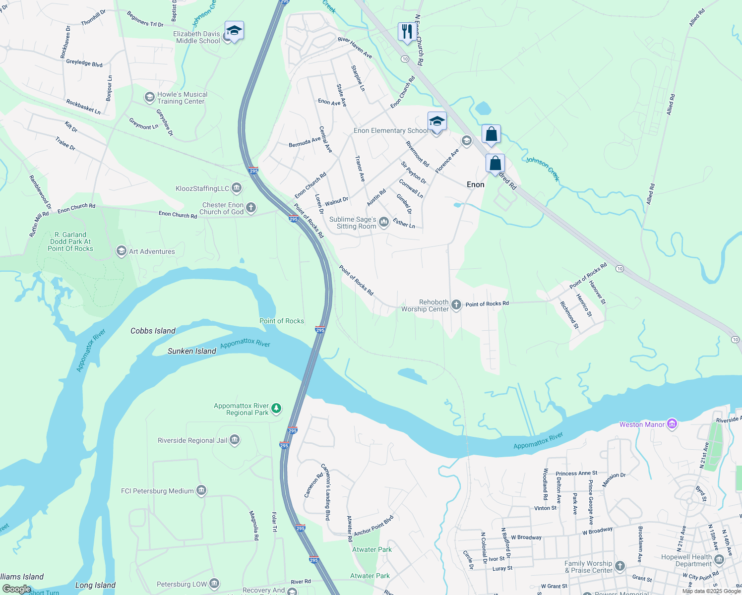 map of restaurants, bars, coffee shops, grocery stores, and more near 1507 Point of Rocks Road in Chester