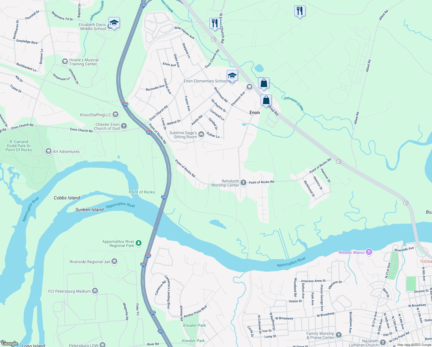 map of restaurants, bars, coffee shops, grocery stores, and more near 1700 Point of Rocks Road in Chester