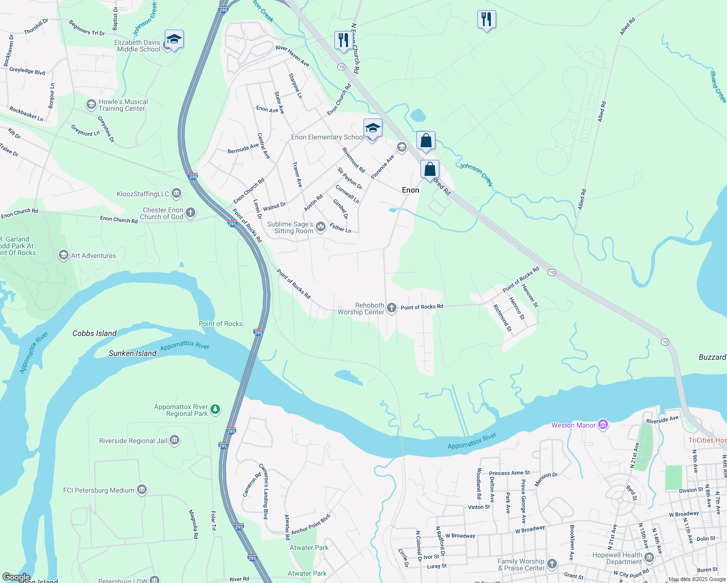 map of restaurants, bars, coffee shops, grocery stores, and more near 1800 Point of Rocks Road in Chester