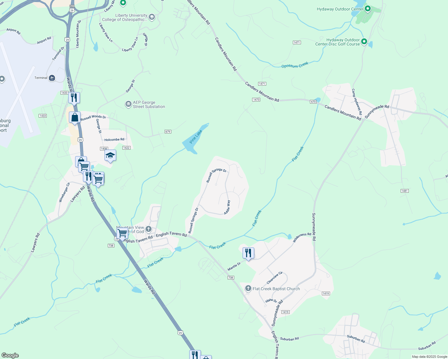 map of restaurants, bars, coffee shops, grocery stores, and more near 450 Addie Way in Lynchburg