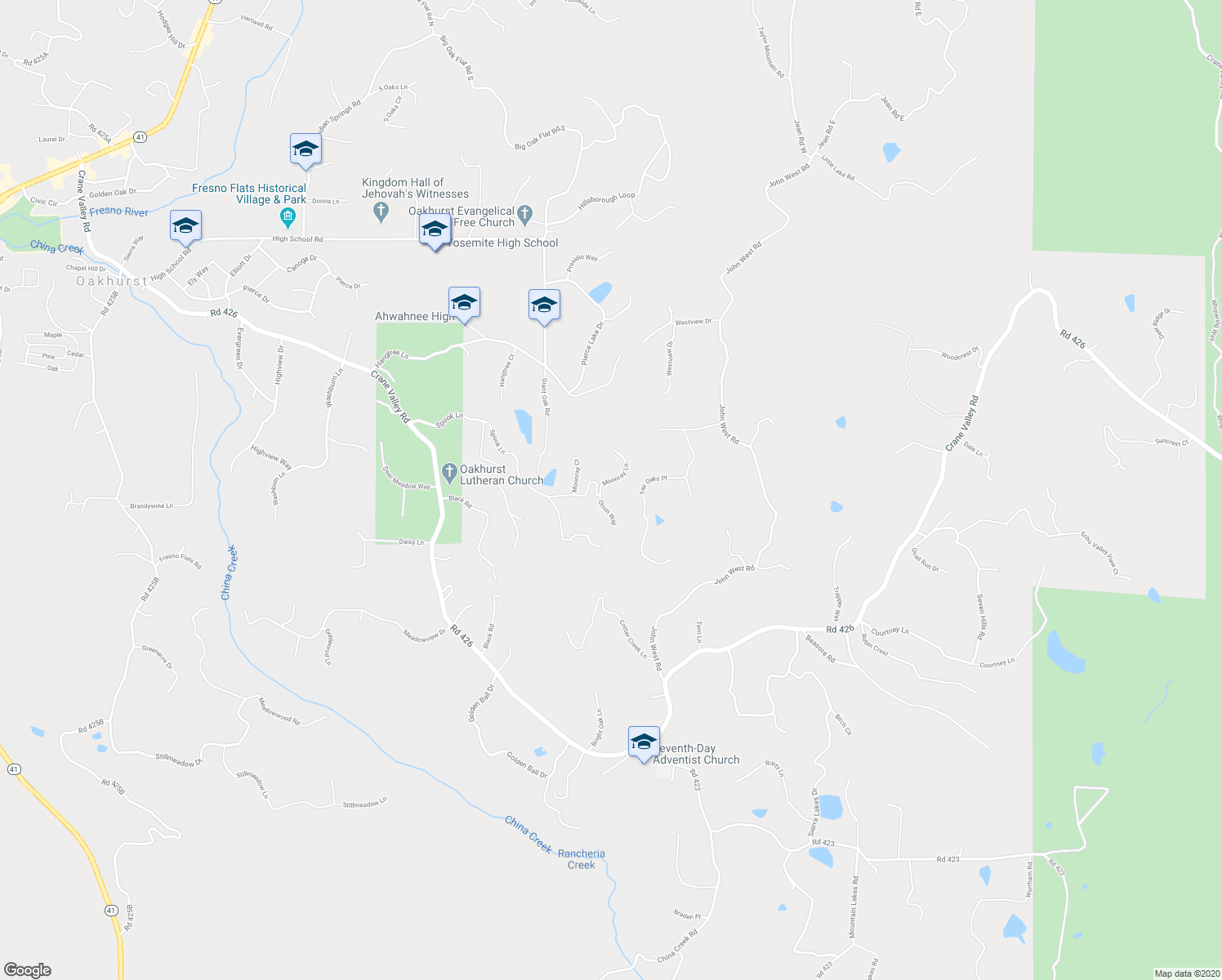 map of restaurants, bars, coffee shops, grocery stores, and more near 39301 Moonray Lane in Oakhurst