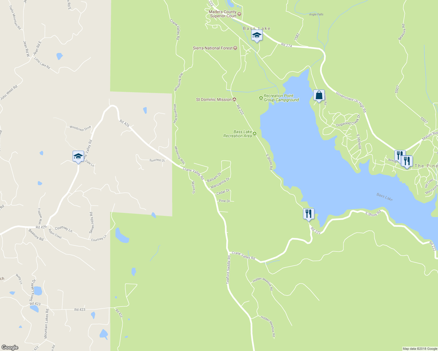 map of restaurants, bars, coffee shops, grocery stores, and more near 52854 Balsam Drive in Oakhurst