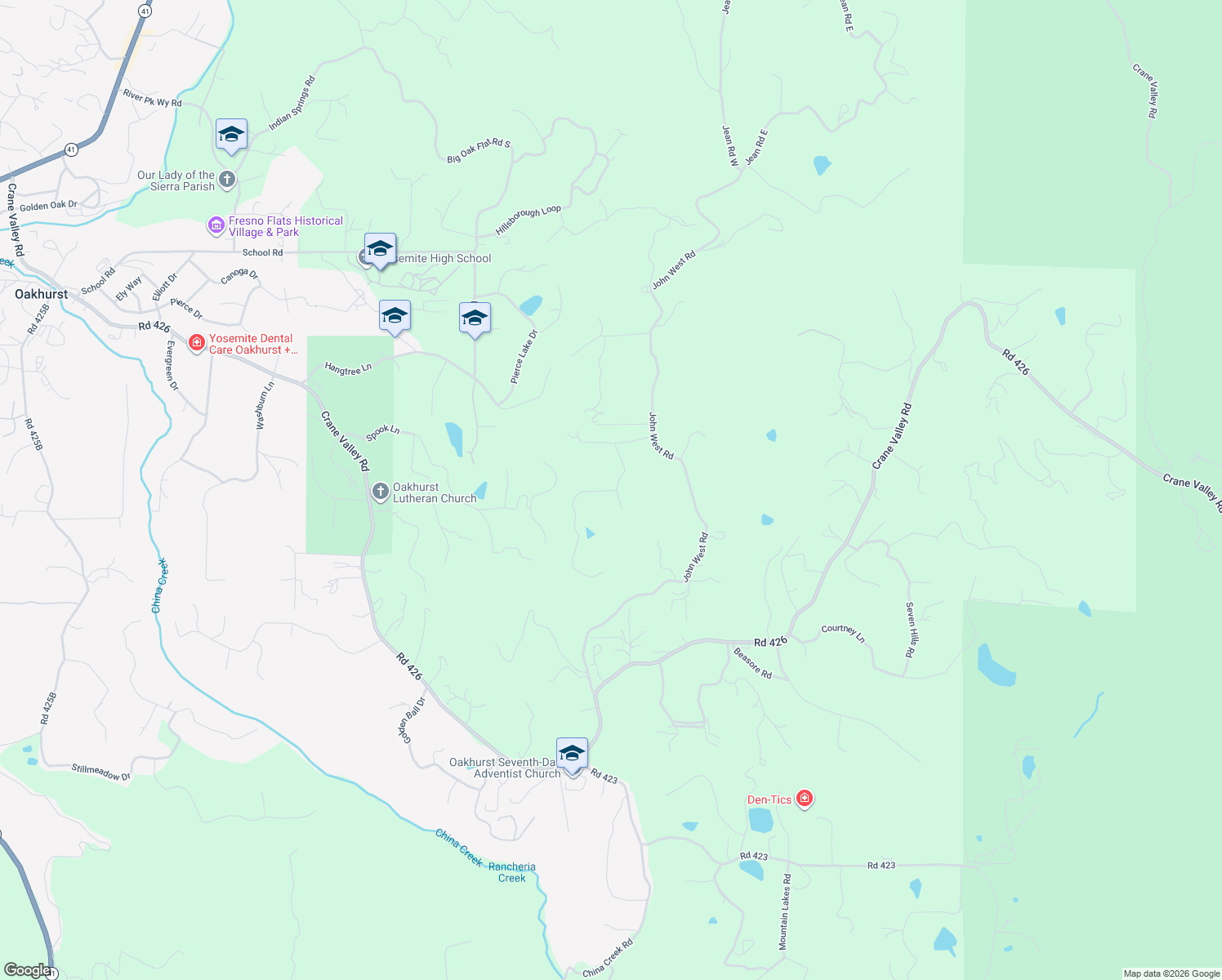 map of restaurants, bars, coffee shops, grocery stores, and more near Fair Oaks Drive in Oakhurst