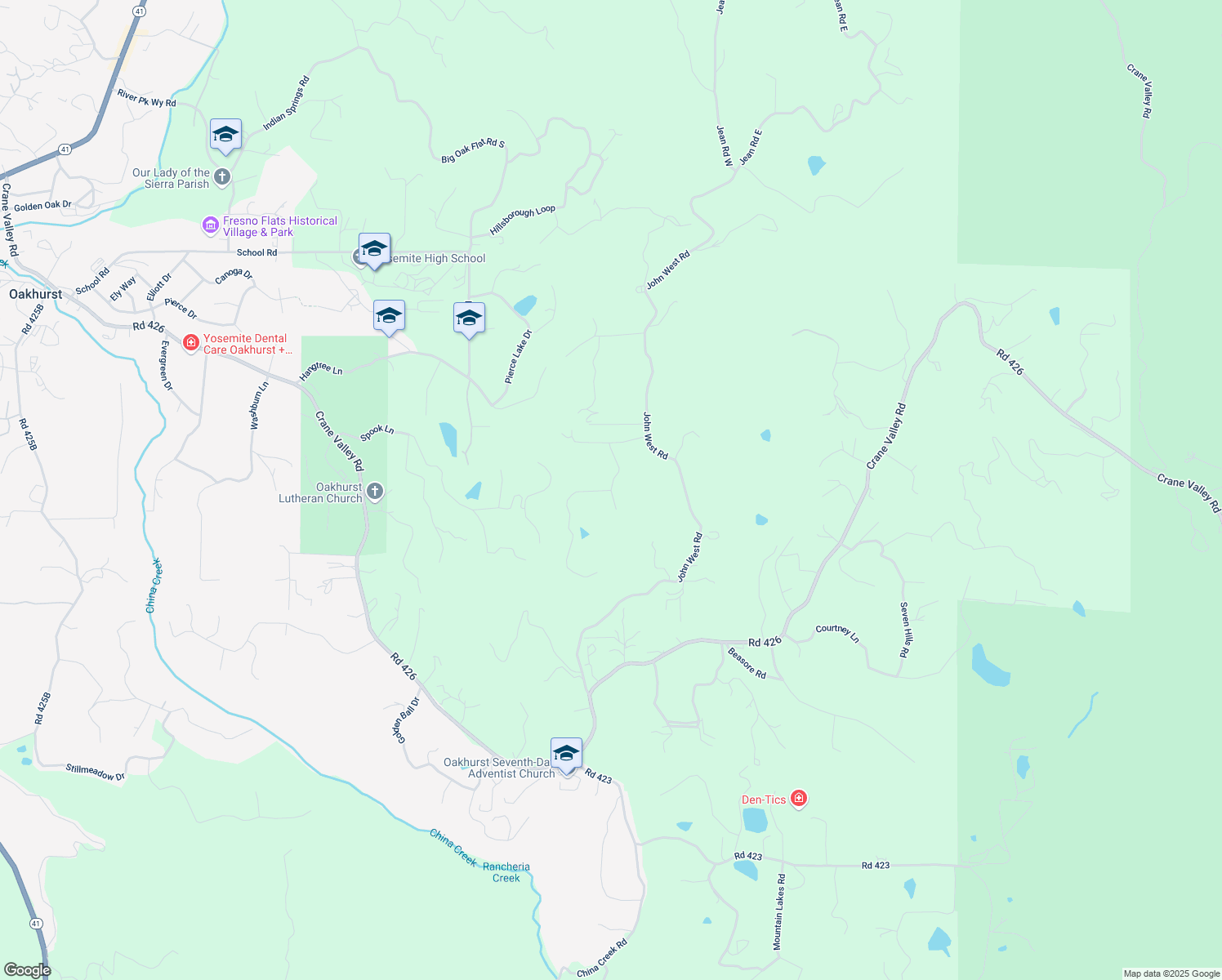 map of restaurants, bars, coffee shops, grocery stores, and more near Fair Oaks Court in Oakhurst