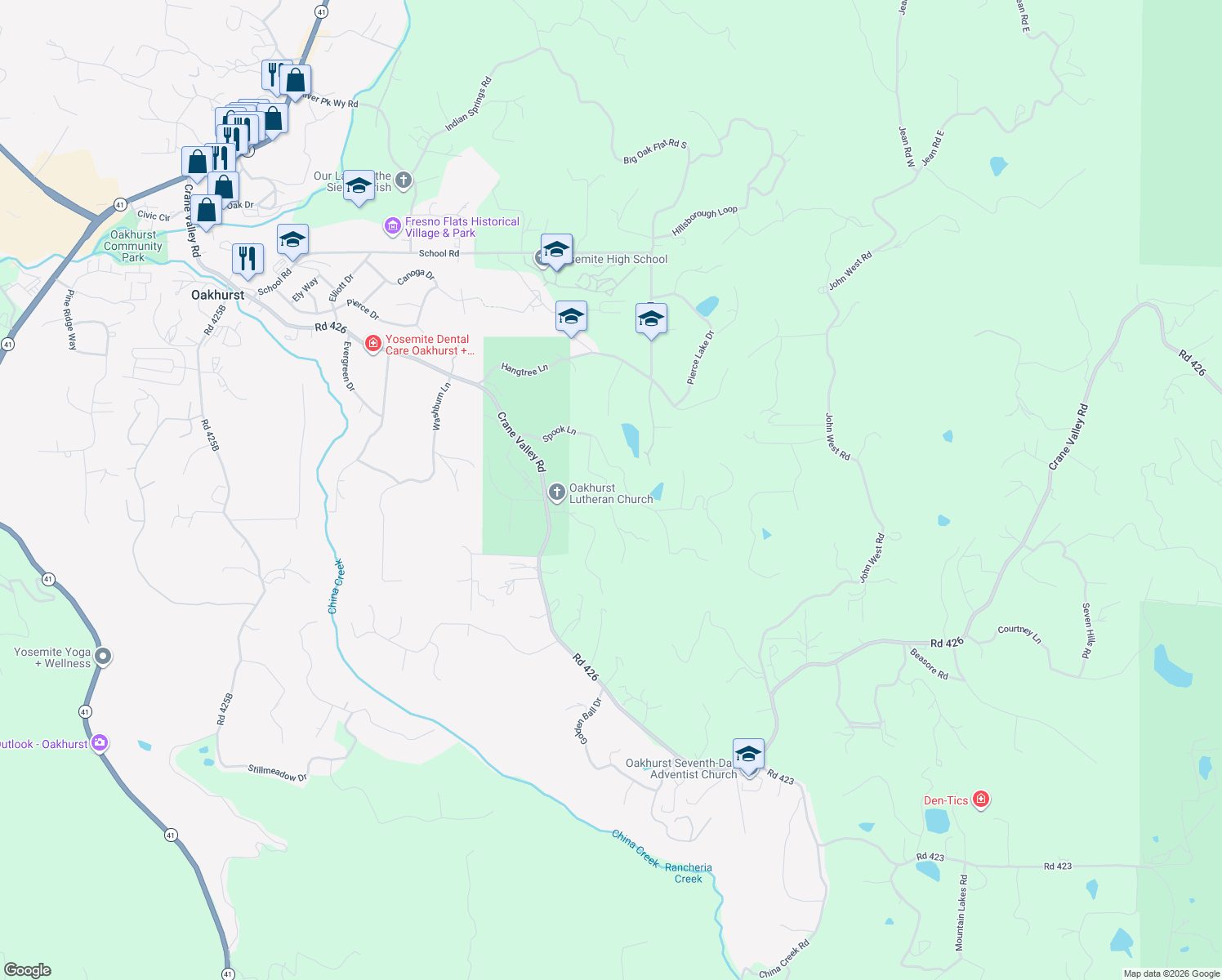 map of restaurants, bars, coffee shops, grocery stores, and more near 39309 Forest Park Lane in Oakhurst