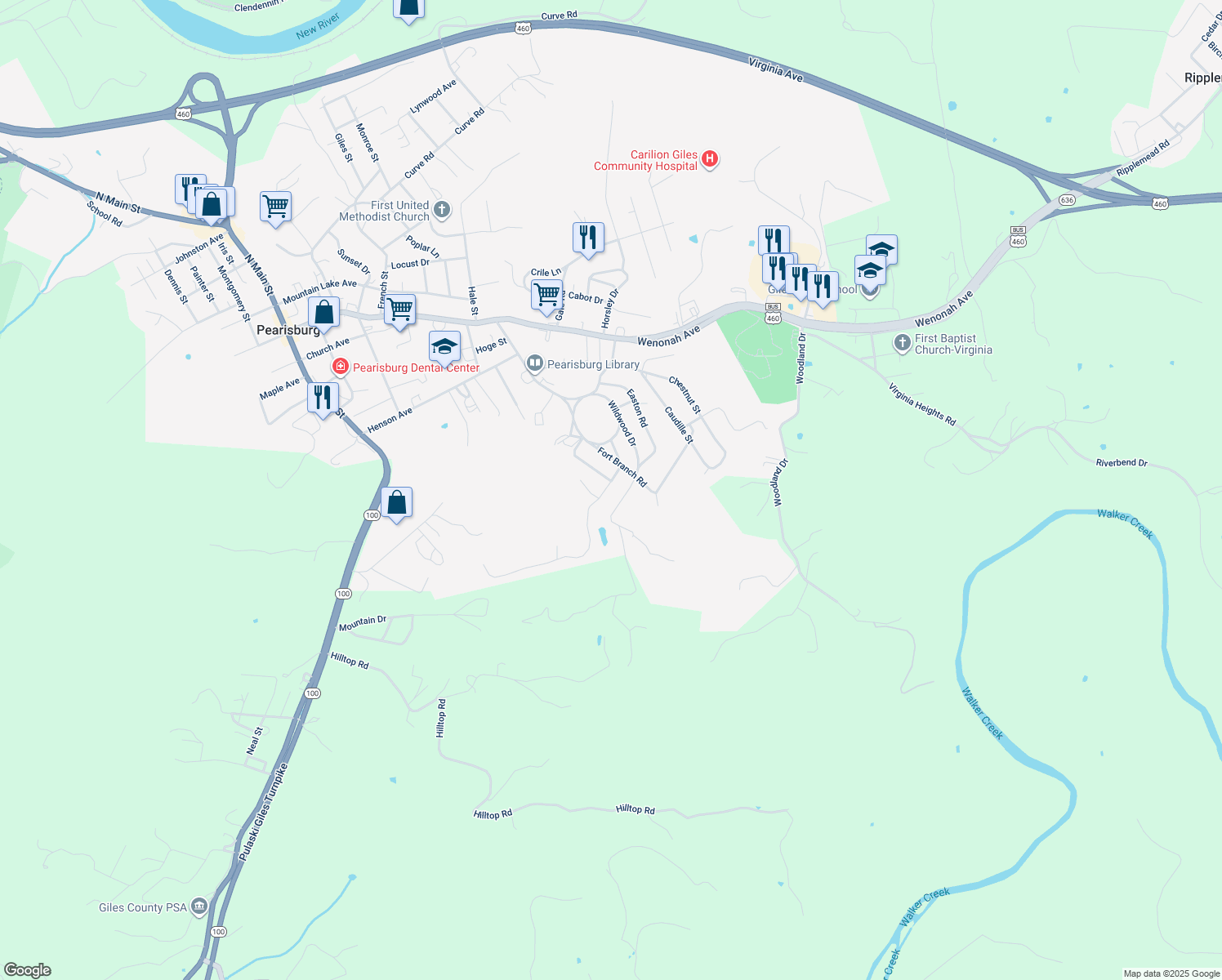 map of restaurants, bars, coffee shops, grocery stores, and more near 711 Clifford Street in Pearisburg