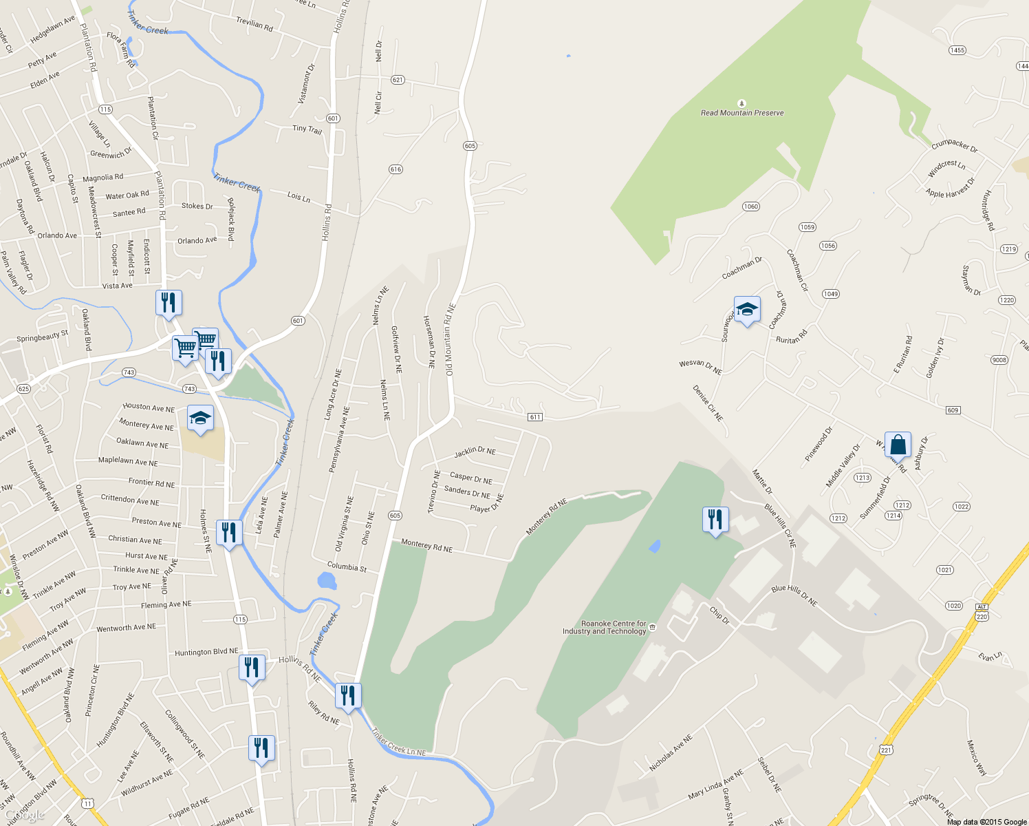 map of restaurants, bars, coffee shops, grocery stores, and more near 1603 State Route 611 in Roanoke