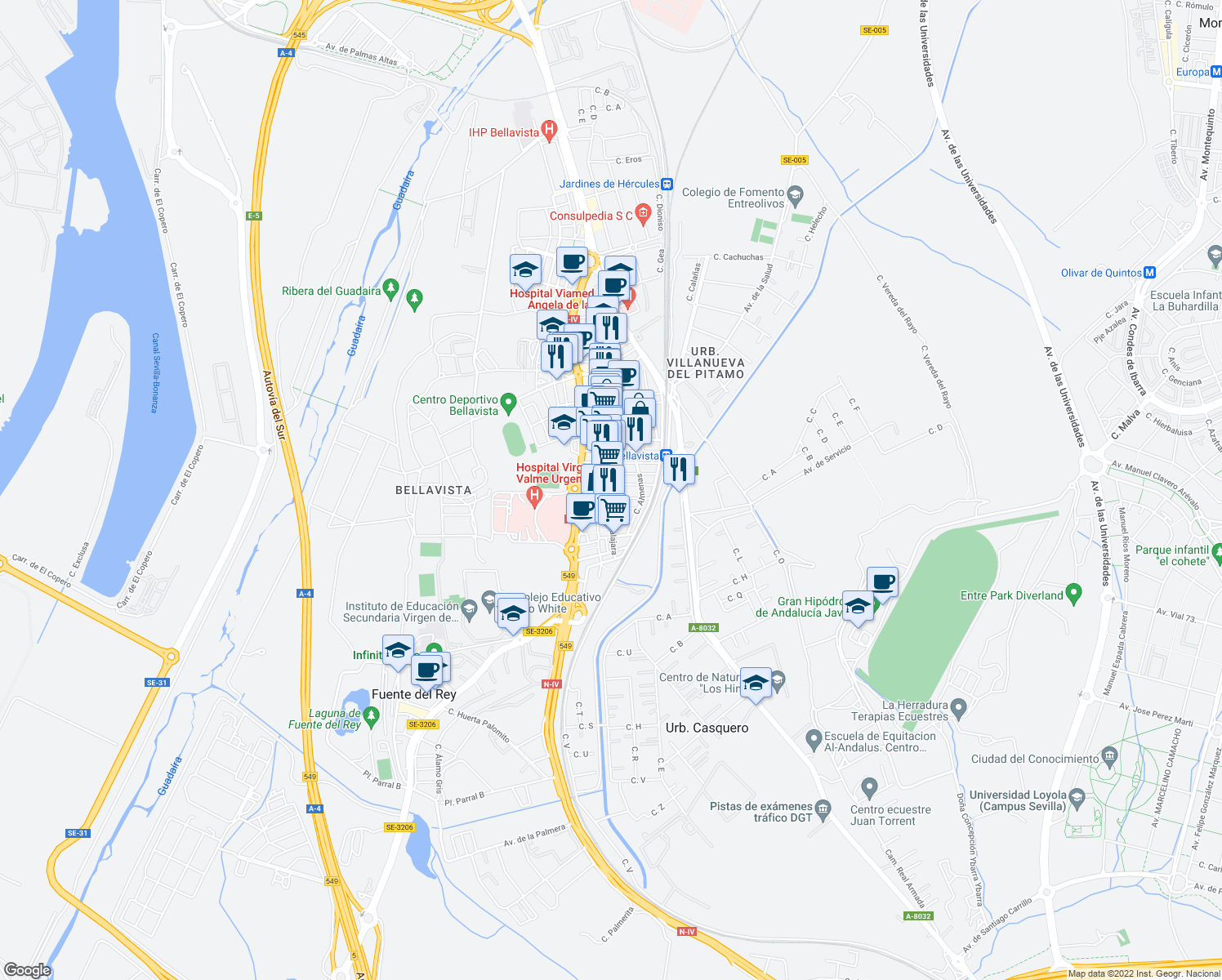 map of restaurants, bars, coffee shops, grocery stores, and more near 141B Calle Guadalajara in Sevilla