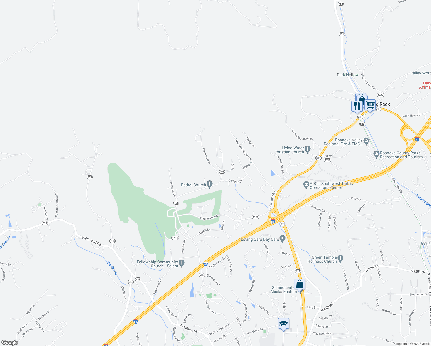 map of restaurants, bars, coffee shops, grocery stores, and more near 1718 Connors Run in Salem