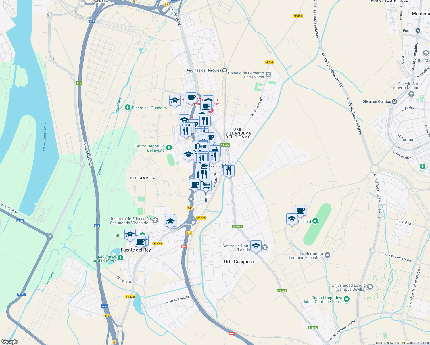 map of restaurants, bars, coffee shops, grocery stores, and more near 50 Calle Almenas in Sevilla