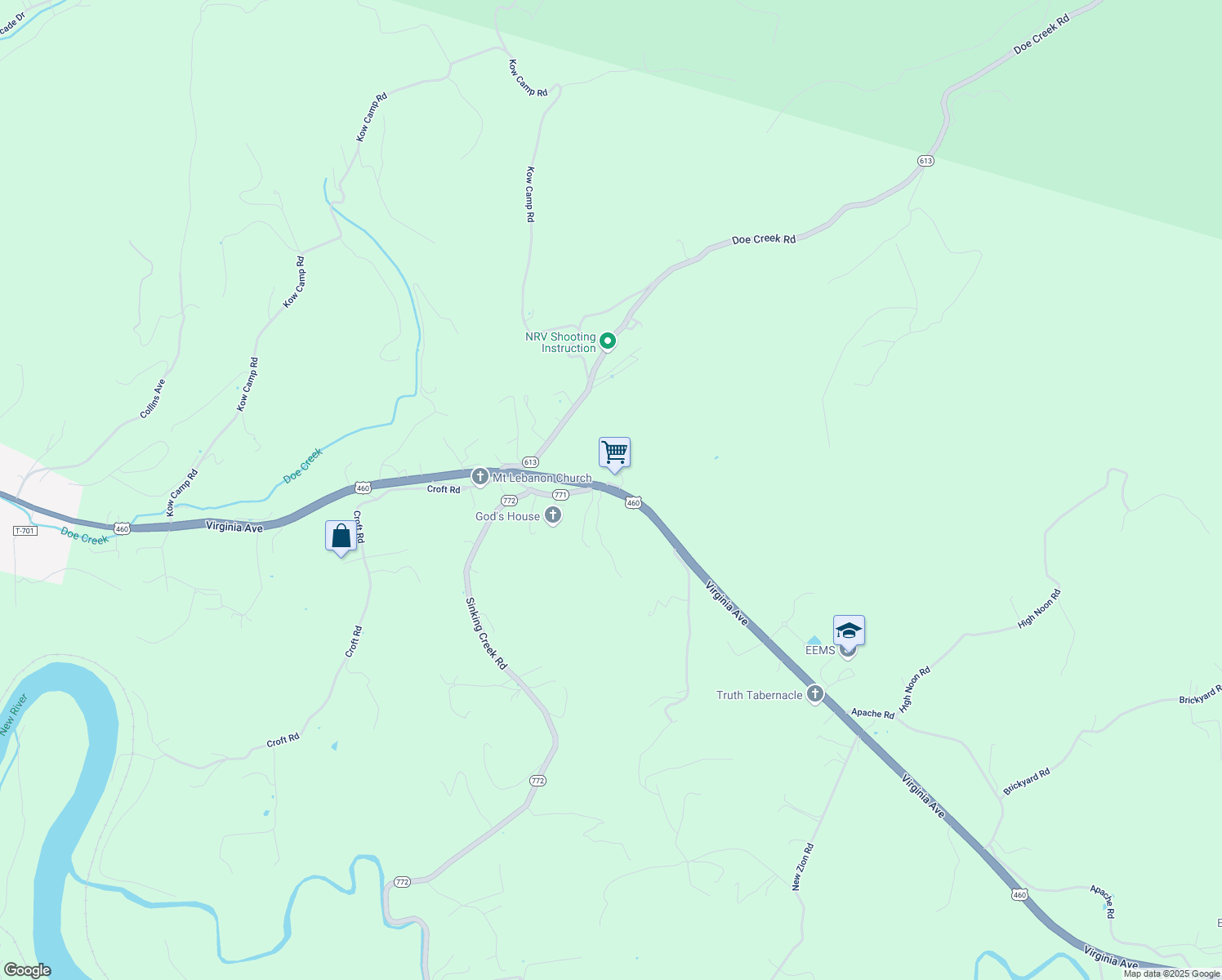 map of restaurants, bars, coffee shops, grocery stores, and more near U.S. 460 in Oakvale