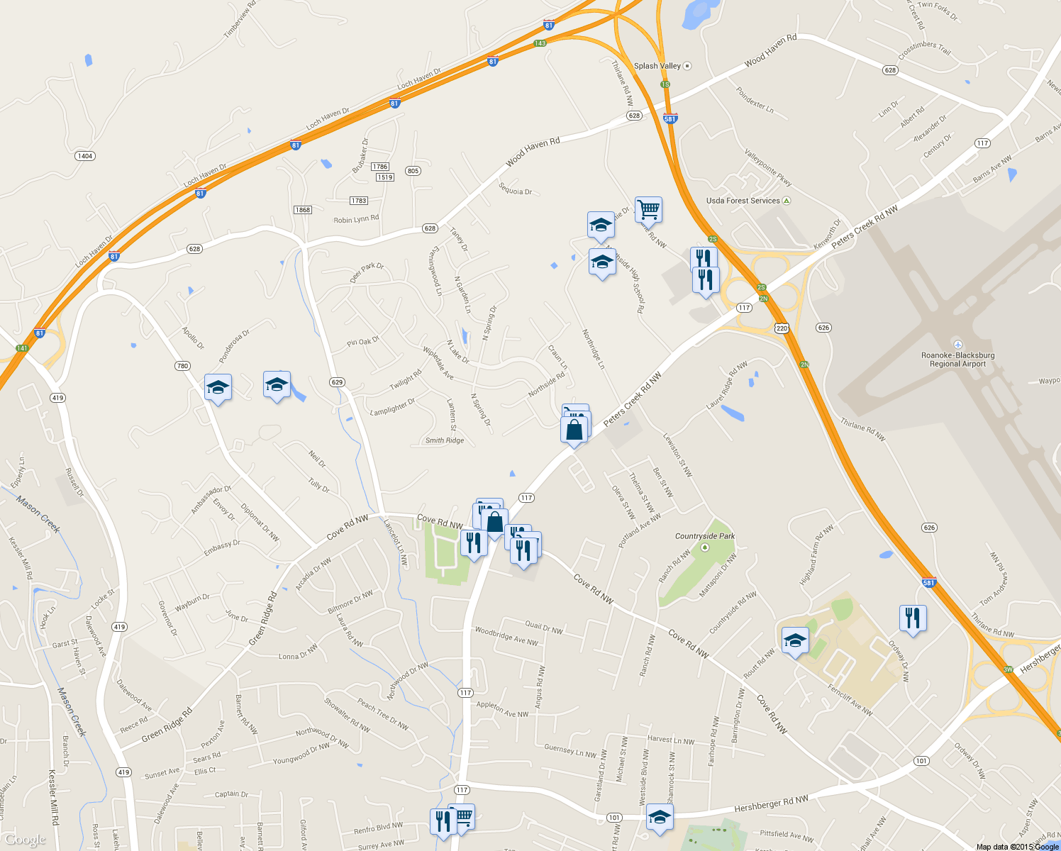 map of restaurants, bars, coffee shops, grocery stores, and more near 5010 Nicholas Hill Lane in Roanoke