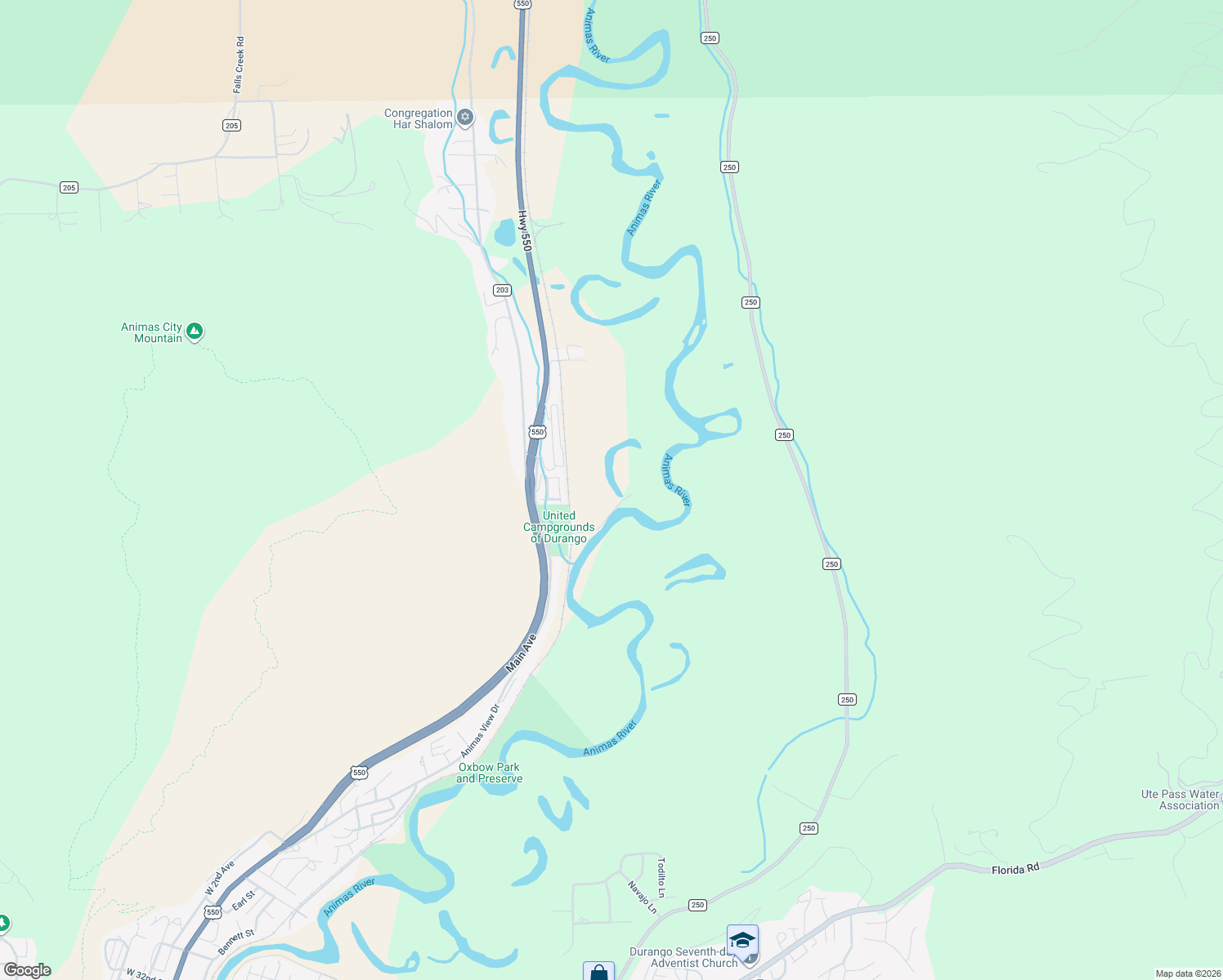 map of restaurants, bars, coffee shops, grocery stores, and more near 1322 County Road 203 in Durango