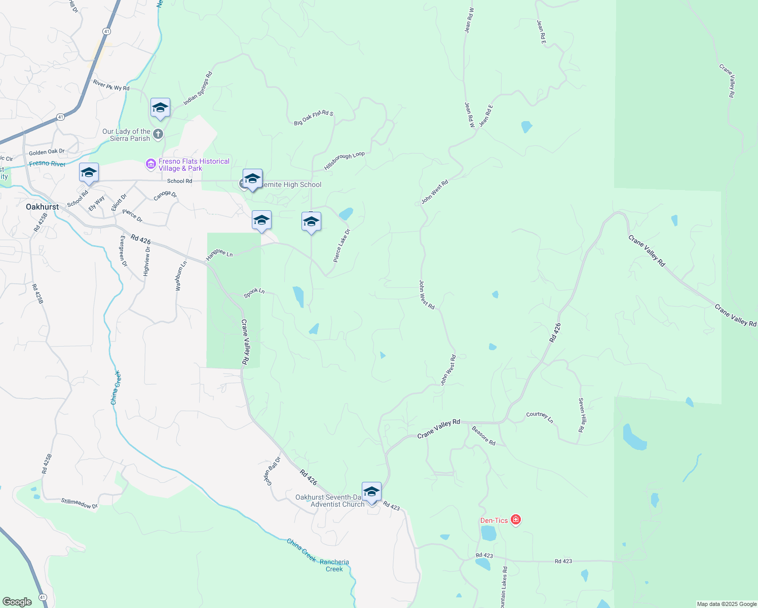 map of restaurants, bars, coffee shops, grocery stores, and more near Fair Oaks Court in Oakhurst