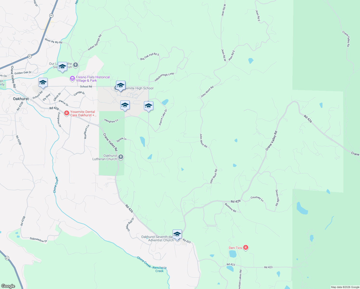 map of restaurants, bars, coffee shops, grocery stores, and more near 50864 Fair Oaks Place in Oakhurst