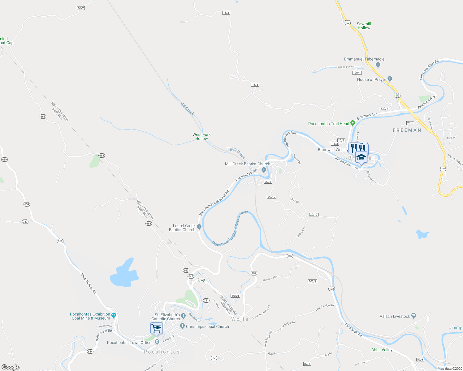 map of restaurants, bars, coffee shops, grocery stores, and more near Bramwell-Pocahontas Avenue in Bramwell