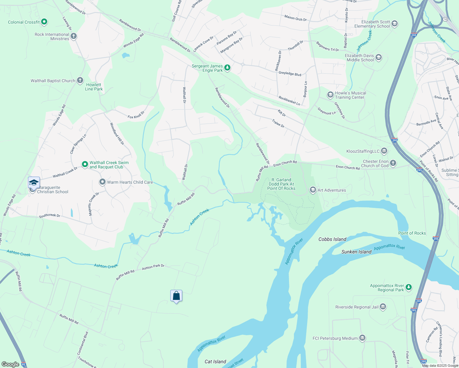map of restaurants, bars, coffee shops, grocery stores, and more near 220 Ruffin Mill Road in Chesterfield County
