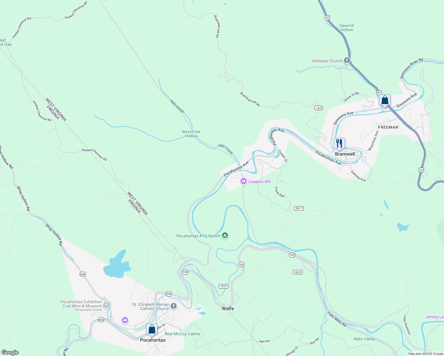 map of restaurants, bars, coffee shops, grocery stores, and more near 811 Bramwell-Pocahontas Road in Bramwell
