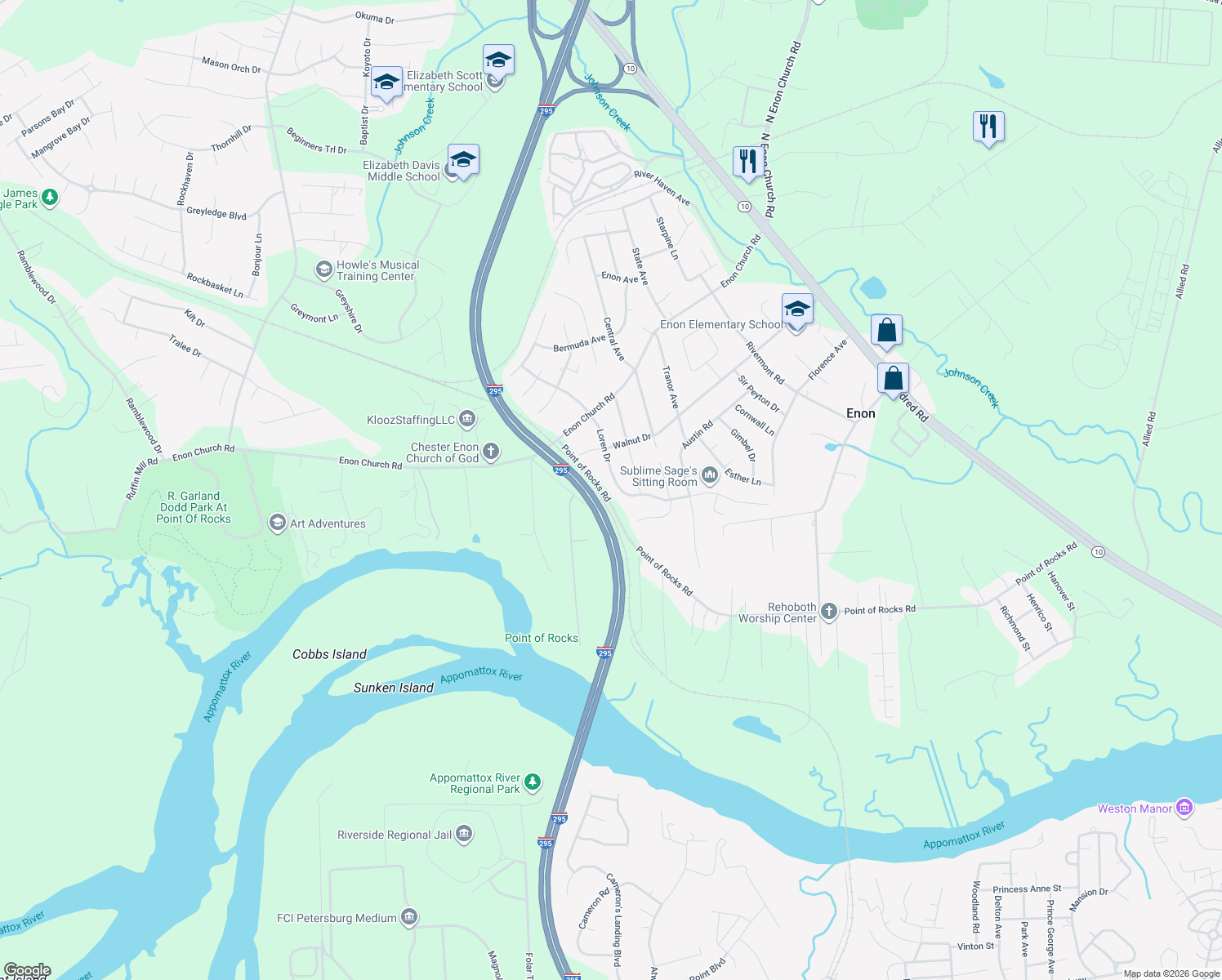 map of restaurants, bars, coffee shops, grocery stores, and more near 14728 Loren Drive in Chester