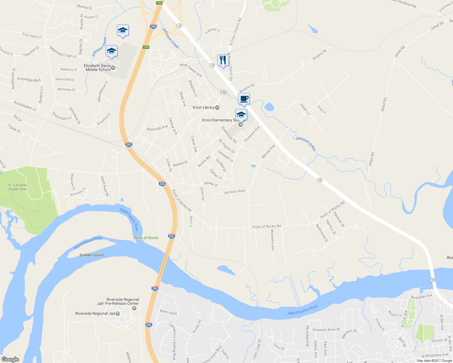 map of restaurants, bars, coffee shops, grocery stores, and more near 14805 Esther Lane in Chester