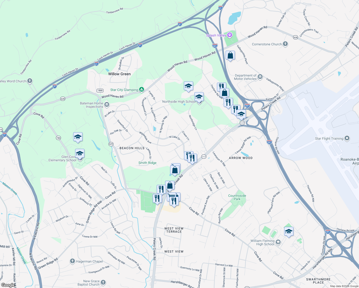 map of restaurants, bars, coffee shops, grocery stores, and more near 3118 Northside Rd in Roanoke