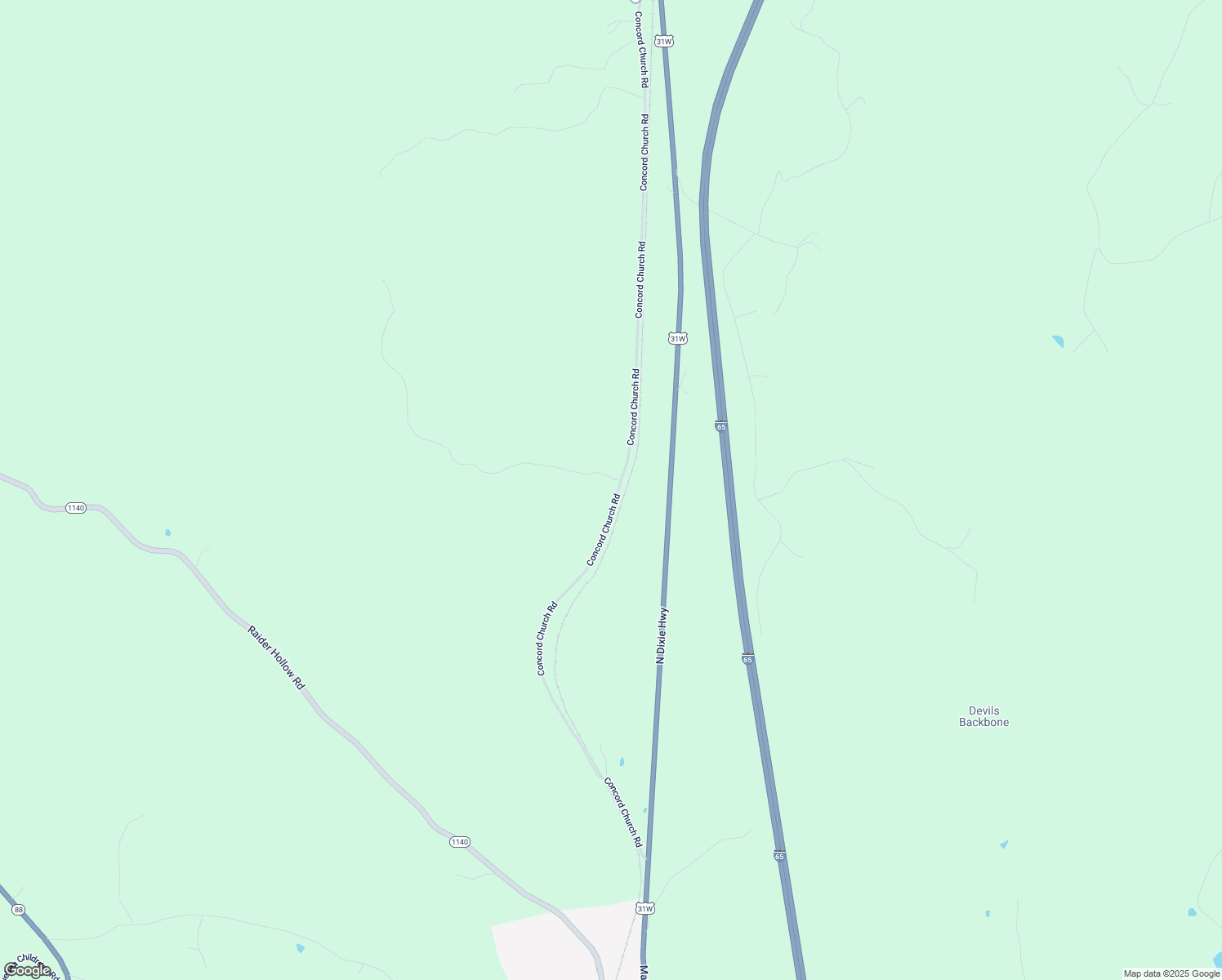 map of restaurants, bars, coffee shops, grocery stores, and more near 1265 Concord Church Road in Bonnieville