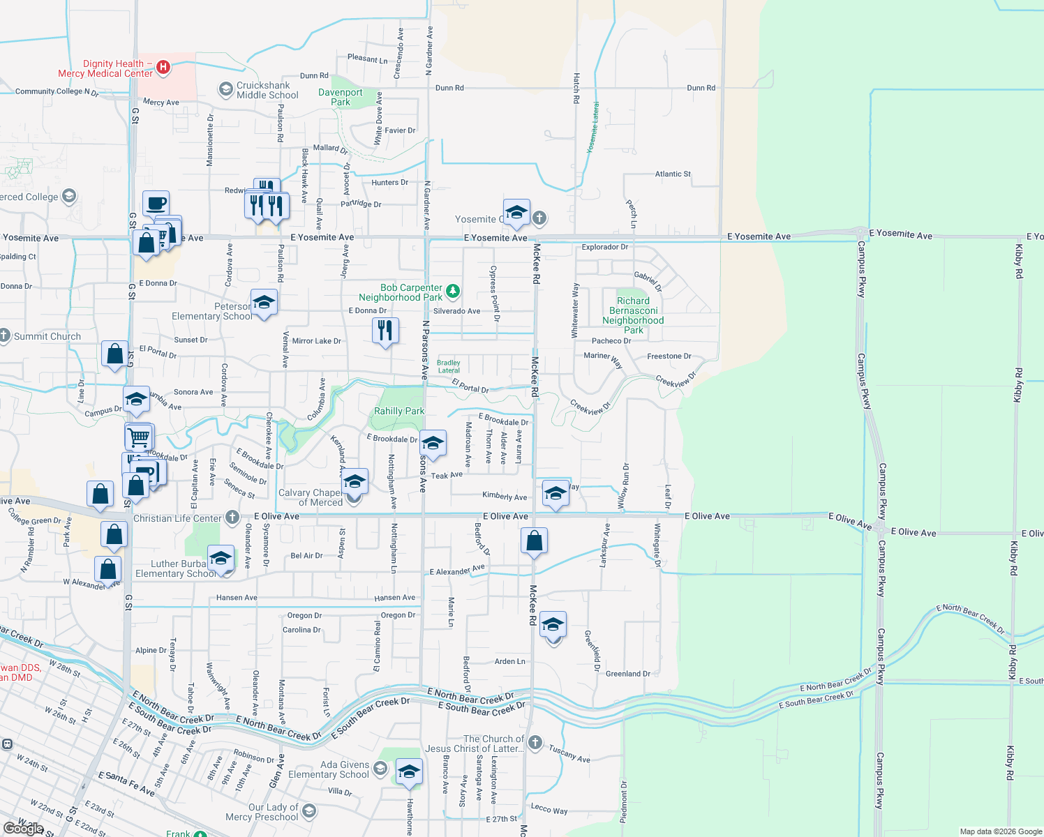 map of restaurants, bars, coffee shops, grocery stores, and more near 2149 East Brookdale Drive in Merced