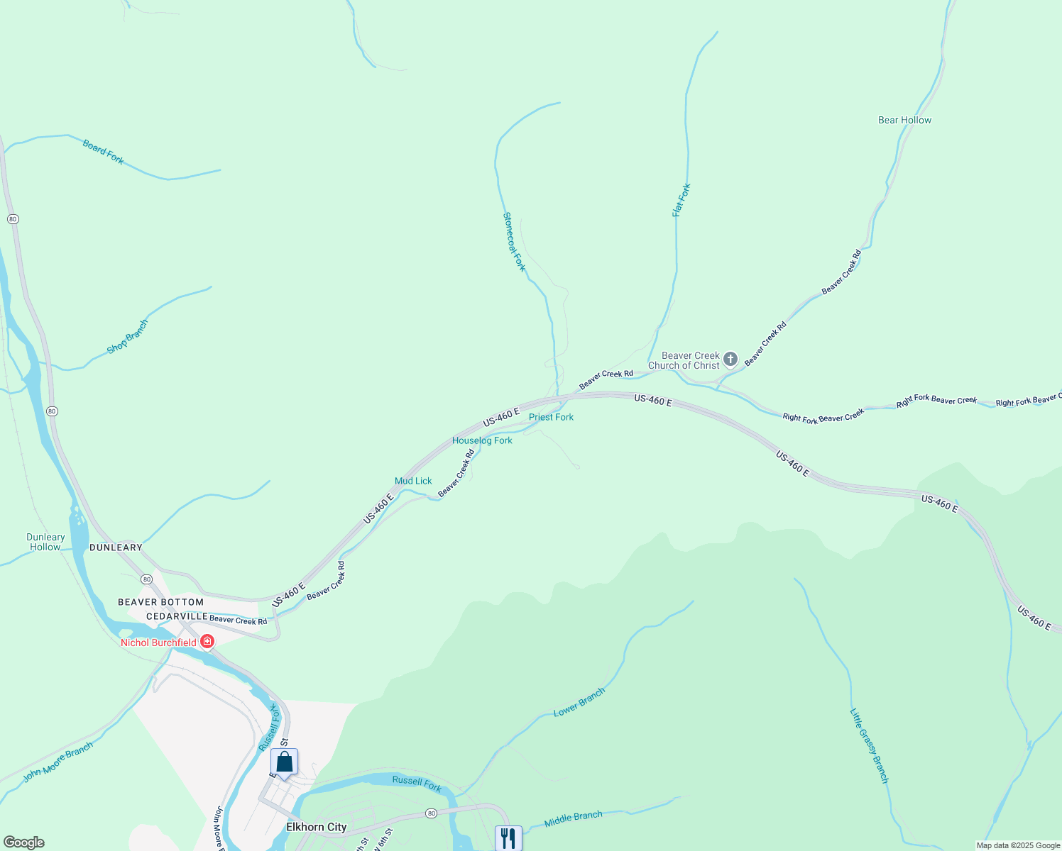 map of restaurants, bars, coffee shops, grocery stores, and more near 1436-1498 Beaver Creek Road in Elkhorn City
