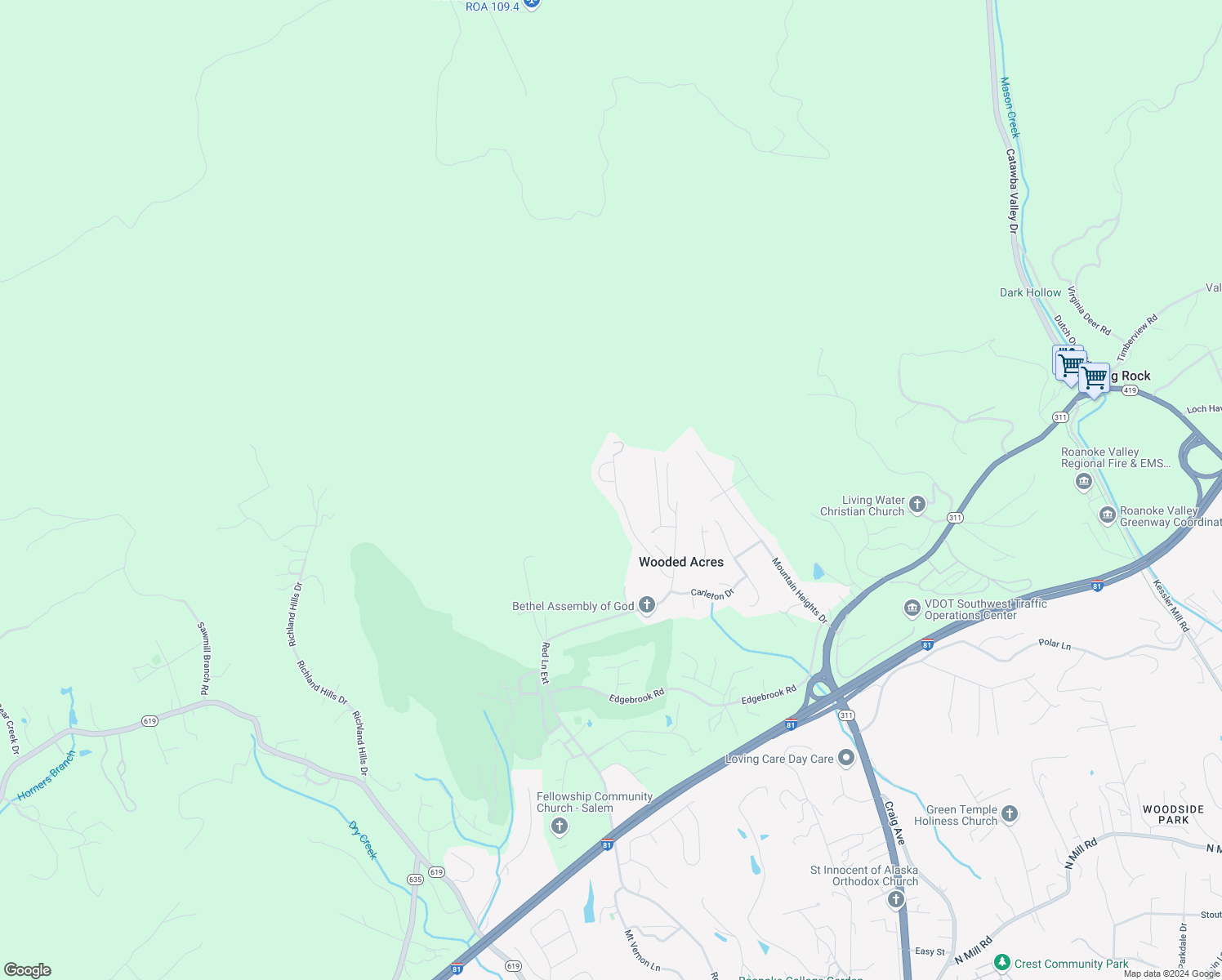 map of restaurants, bars, coffee shops, grocery stores, and more near 1822 Connors Run in Salem