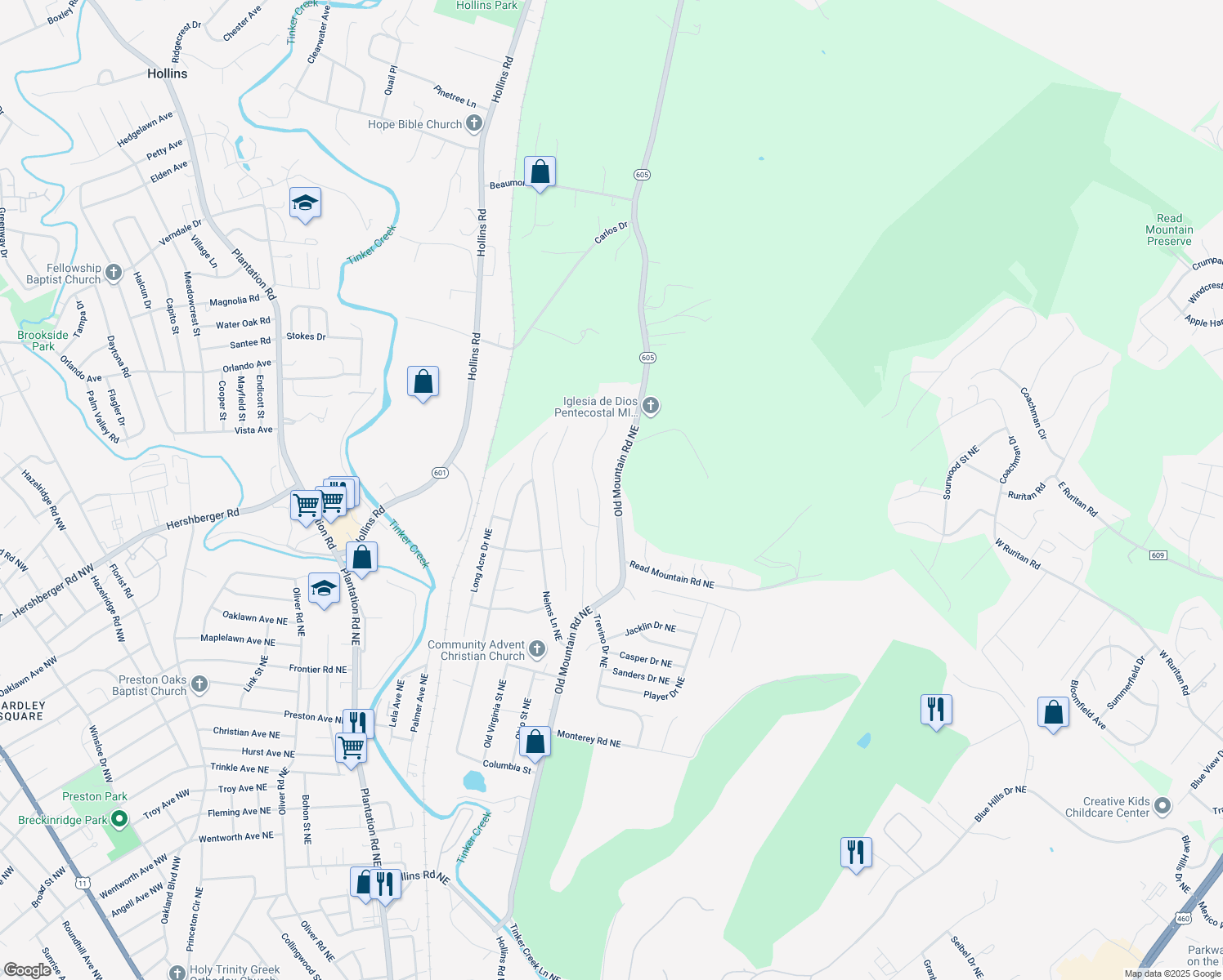 map of restaurants, bars, coffee shops, grocery stores, and more near 4914 Old Mountain Road Northeast in Roanoke