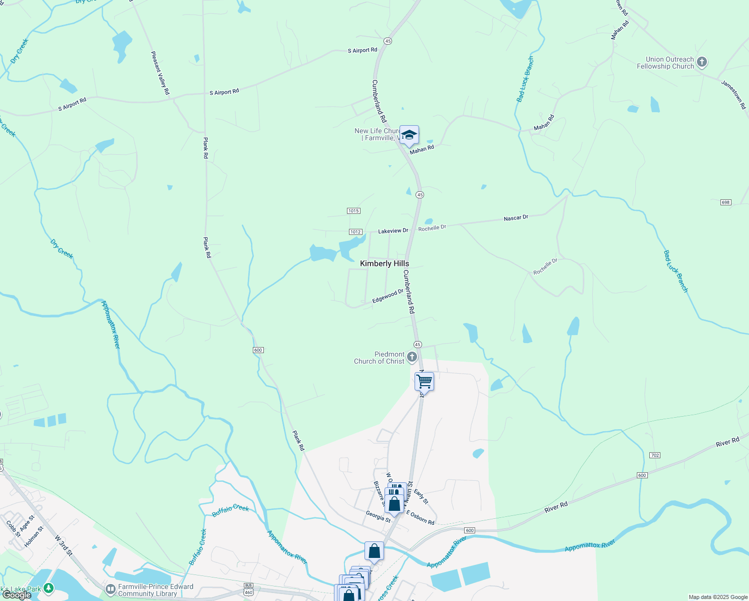 map of restaurants, bars, coffee shops, grocery stores, and more near Edgewood Drive in Farmville