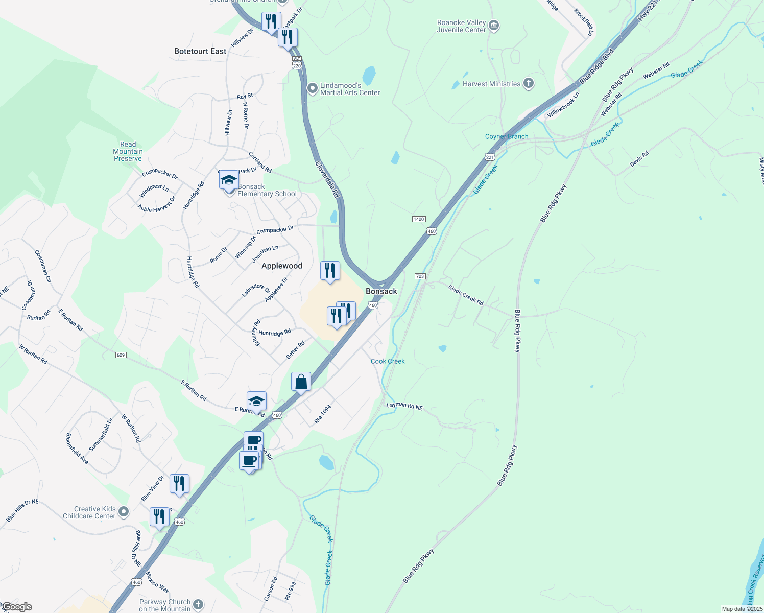 map of restaurants, bars, coffee shops, grocery stores, and more near 4643 Cook Creek Road in Roanoke