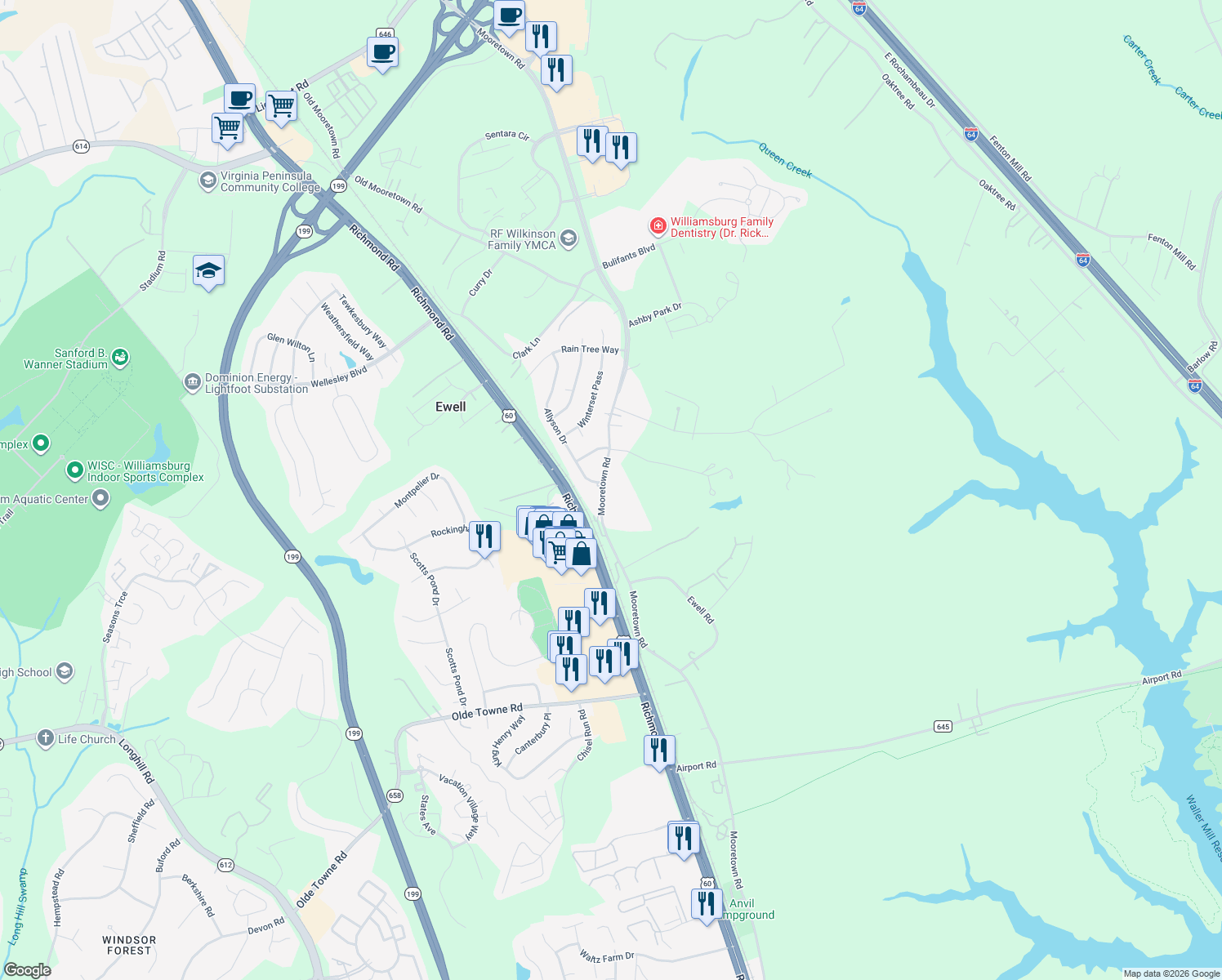 map of restaurants, bars, coffee shops, grocery stores, and more near 6054 Mooretown Rd in Williamsburg