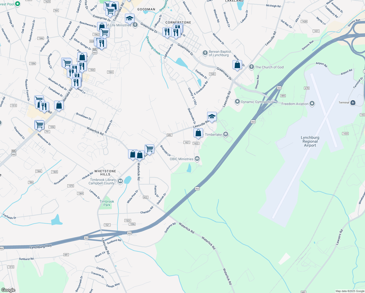 map of restaurants, bars, coffee shops, grocery stores, and more near 159 Deer Creek Drive in Lynchburg