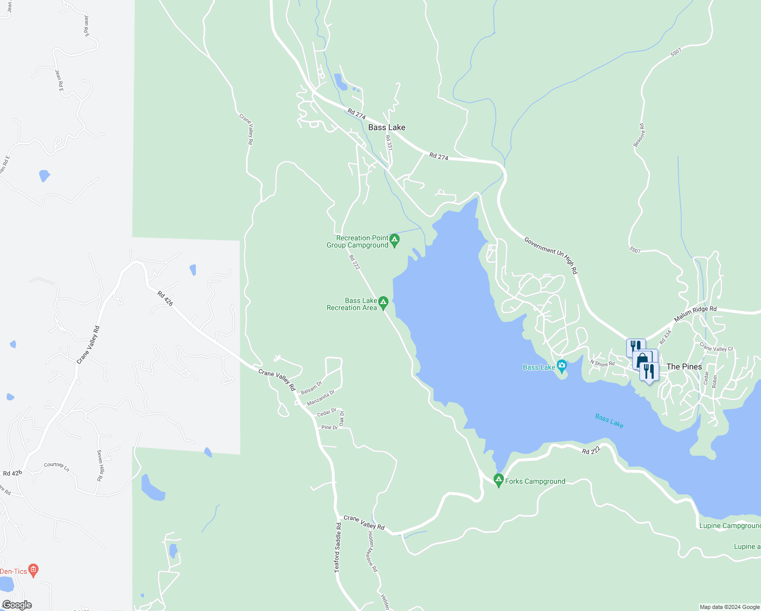map of restaurants, bars, coffee shops, grocery stores, and more near Road 222 in Bass Lake