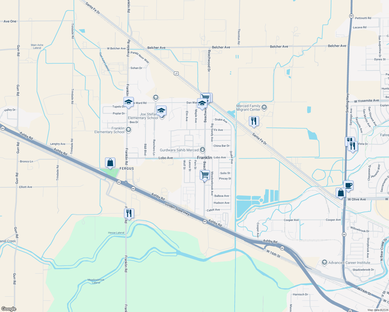 map of restaurants, bars, coffee shops, grocery stores, and more near 2510 Peppertree Drive in Merced
