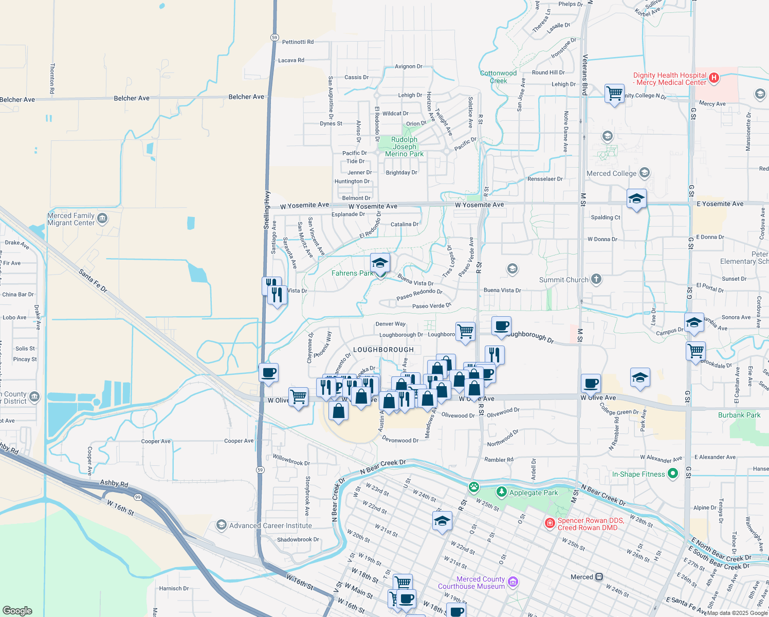 map of restaurants, bars, coffee shops, grocery stores, and more near 1328 Paseo Redondo Drive in Merced