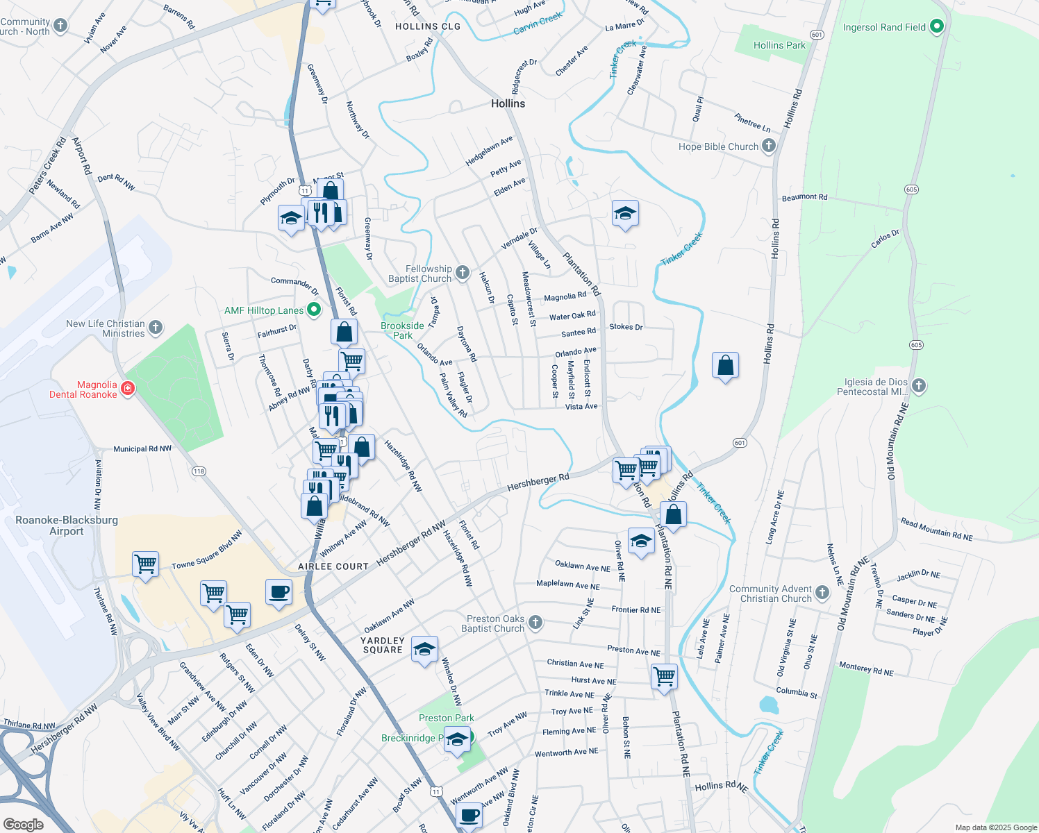 map of restaurants, bars, coffee shops, grocery stores, and more near 303 Vista Ave in Roanoke