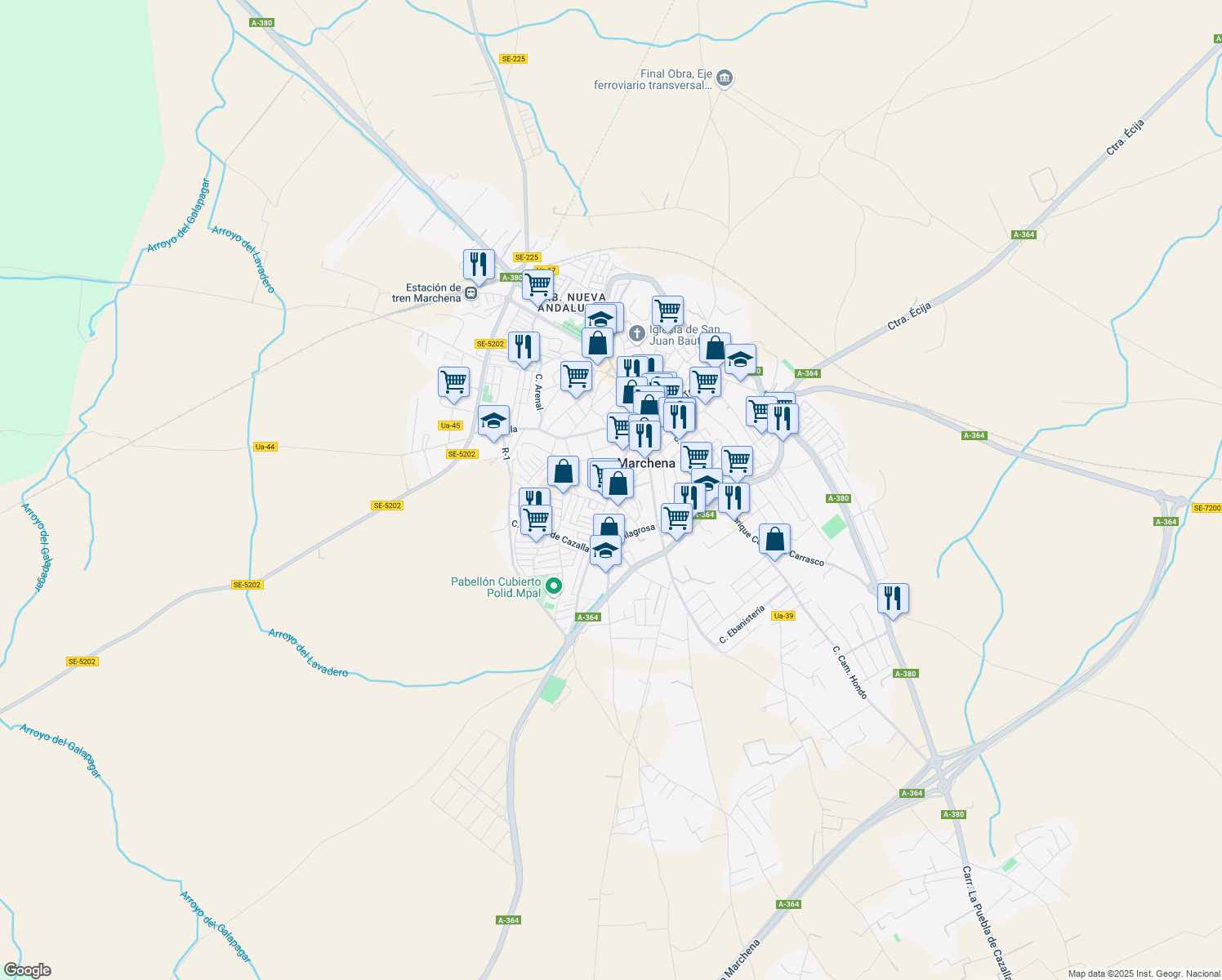 map of restaurants, bars, coffee shops, grocery stores, and more near 58 Calle Méndez Núñez in Marchena