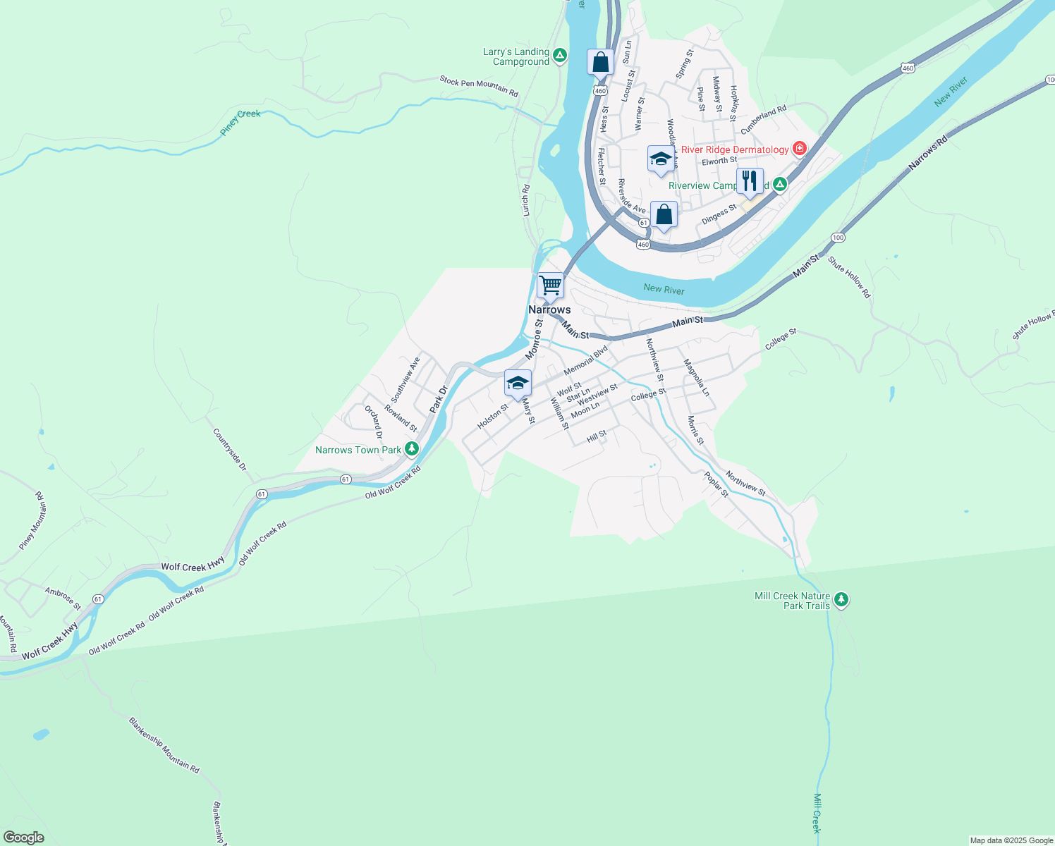 map of restaurants, bars, coffee shops, grocery stores, and more near 308 Mary Street in Narrows