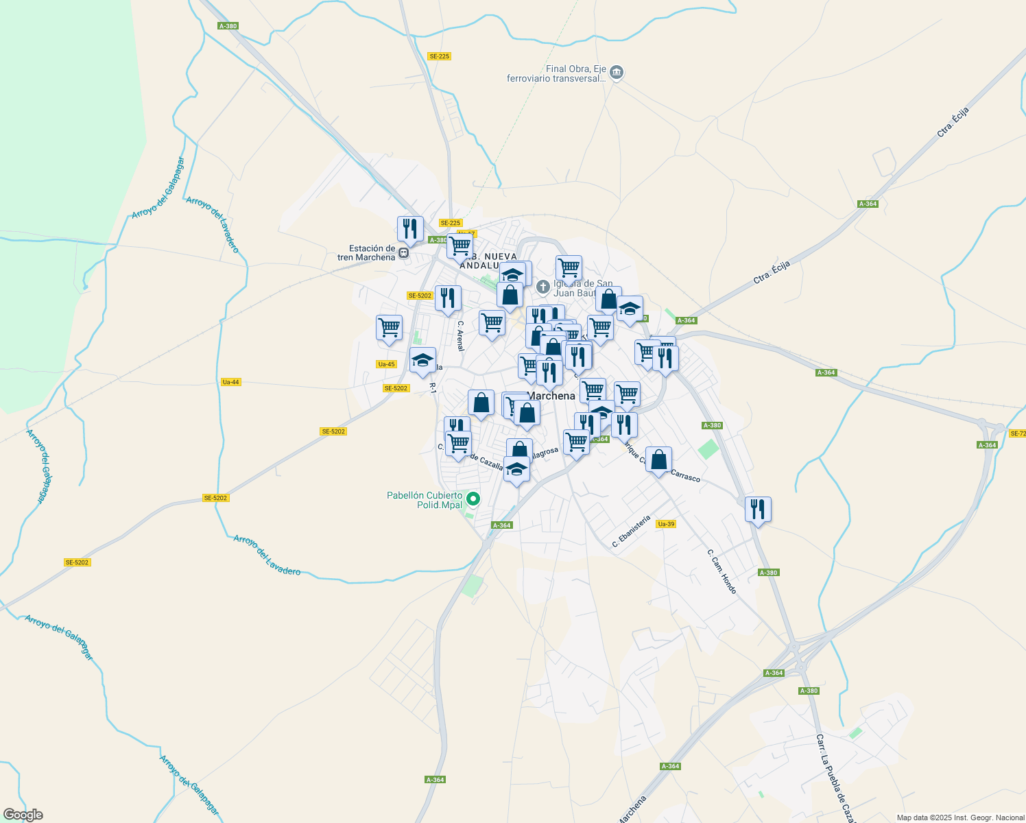map of restaurants, bars, coffee shops, grocery stores, and more near 58 Calle Méndez Núñez in Marchena