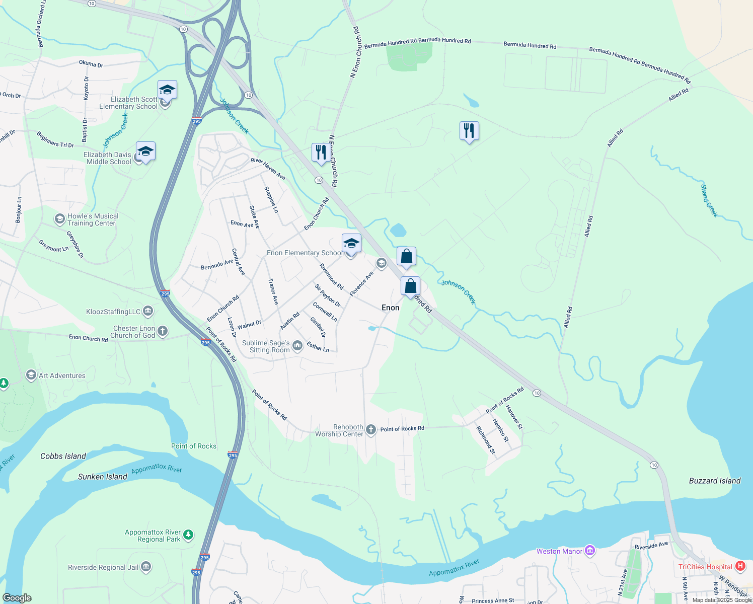 map of restaurants, bars, coffee shops, grocery stores, and more near 14621 Rivermont Road in Chester
