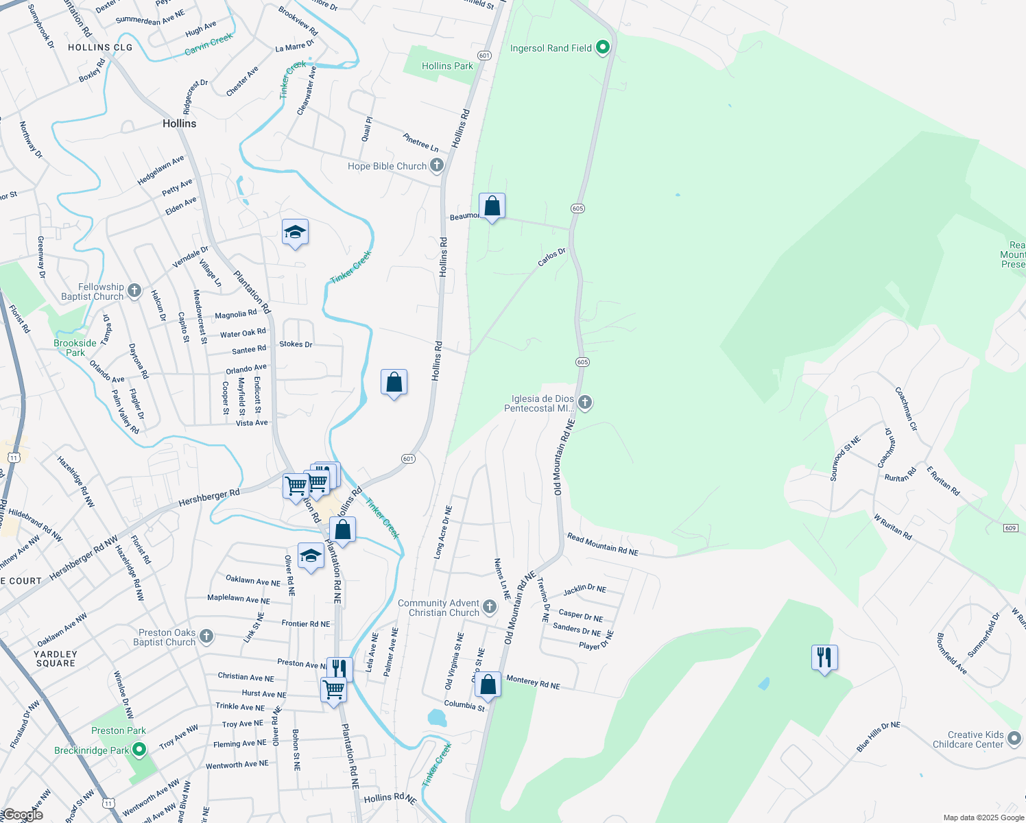 map of restaurants, bars, coffee shops, grocery stores, and more near 4870 Golfview Drive Northeast in Roanoke
