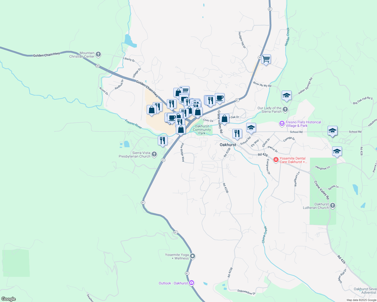 map of restaurants, bars, coffee shops, grocery stores, and more near 39775 Pine Ridge Road in Oakhurst