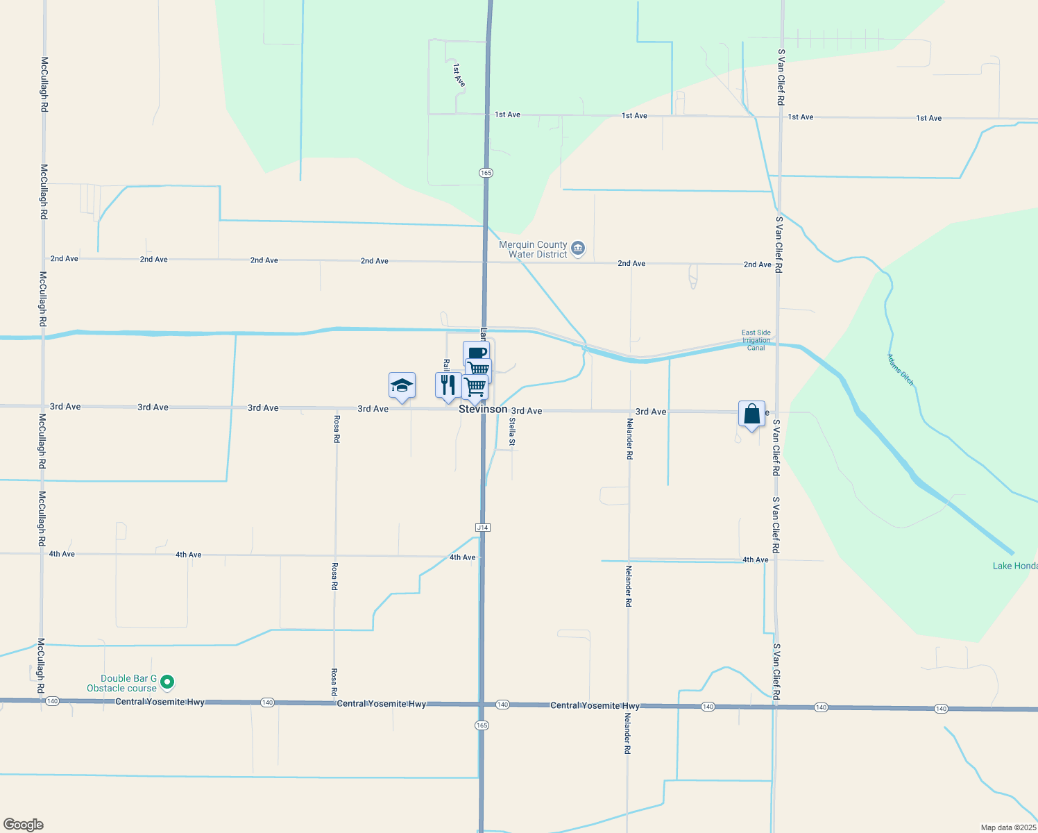 map of restaurants, bars, coffee shops, grocery stores, and more near 19887 3rd Avenue in Stevinson